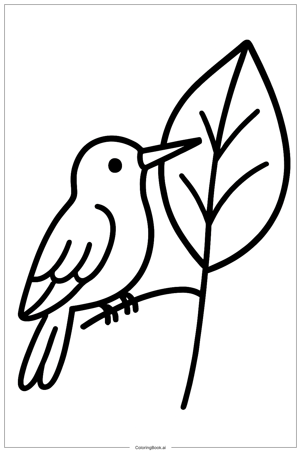  Página para colorir de Beija-flor com Folha Grande 