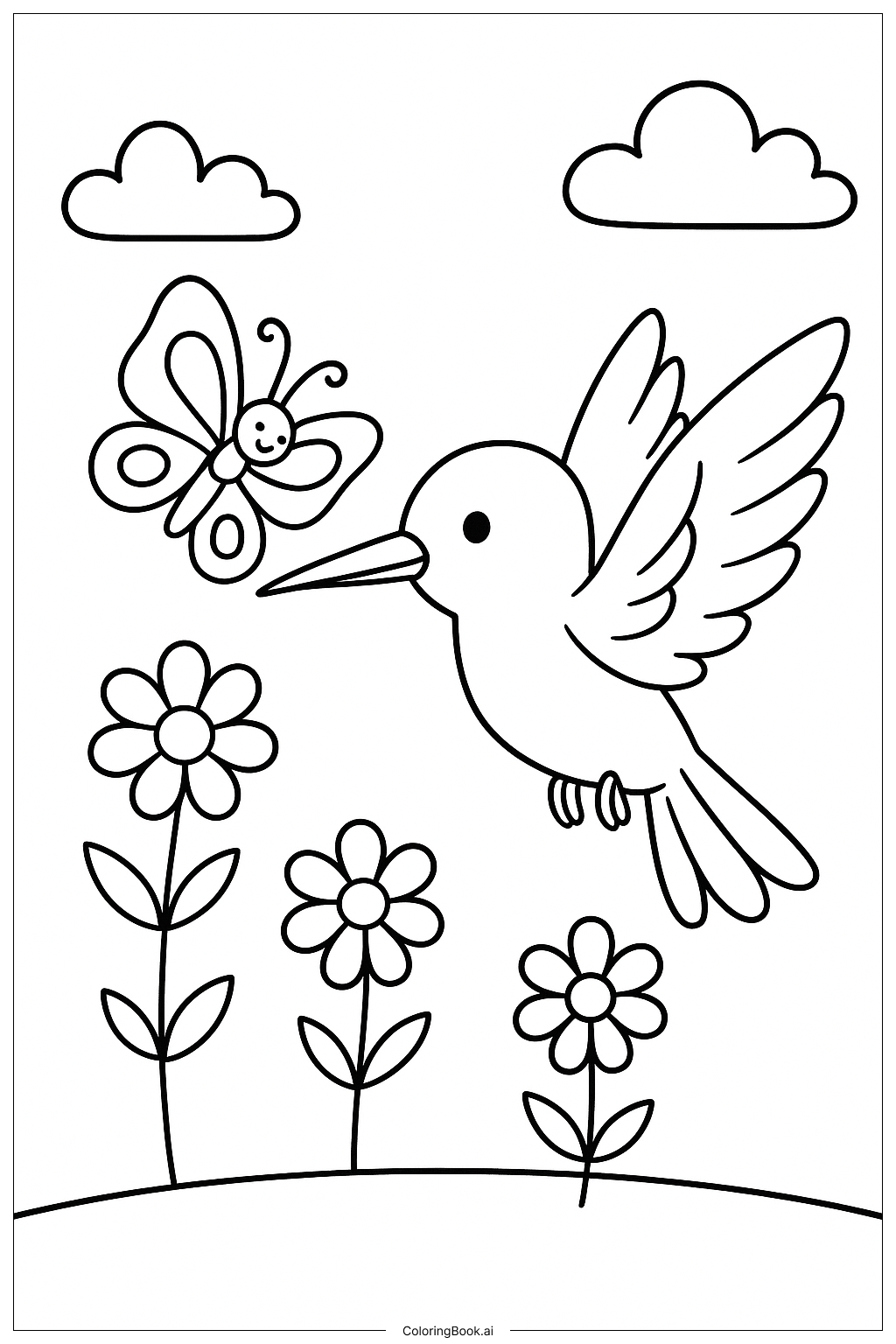  Página para colorir de Beija-flor com Amigo Borboleta 