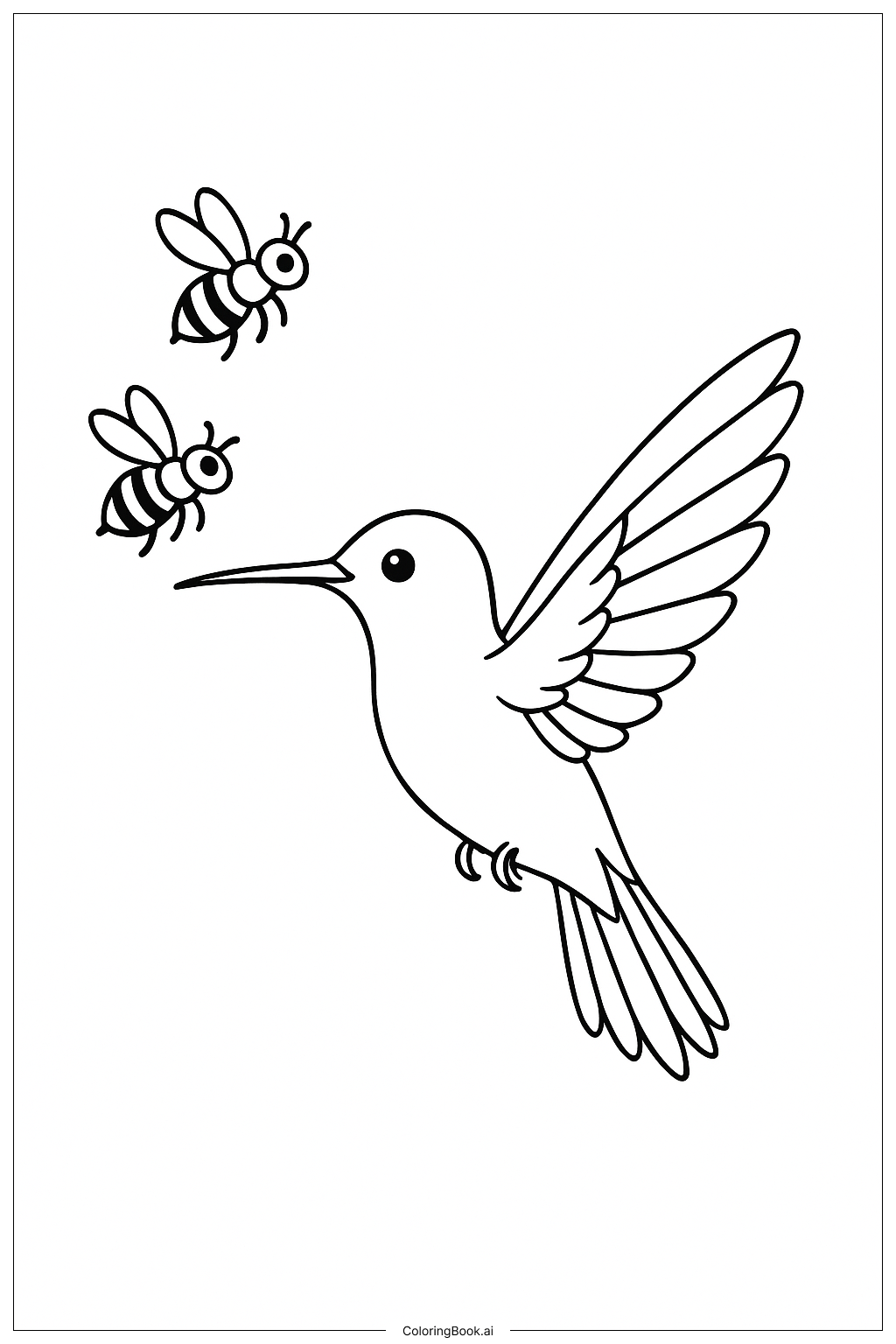  Page de coloriage Colibri avec des abeilles qui tournent autour 
