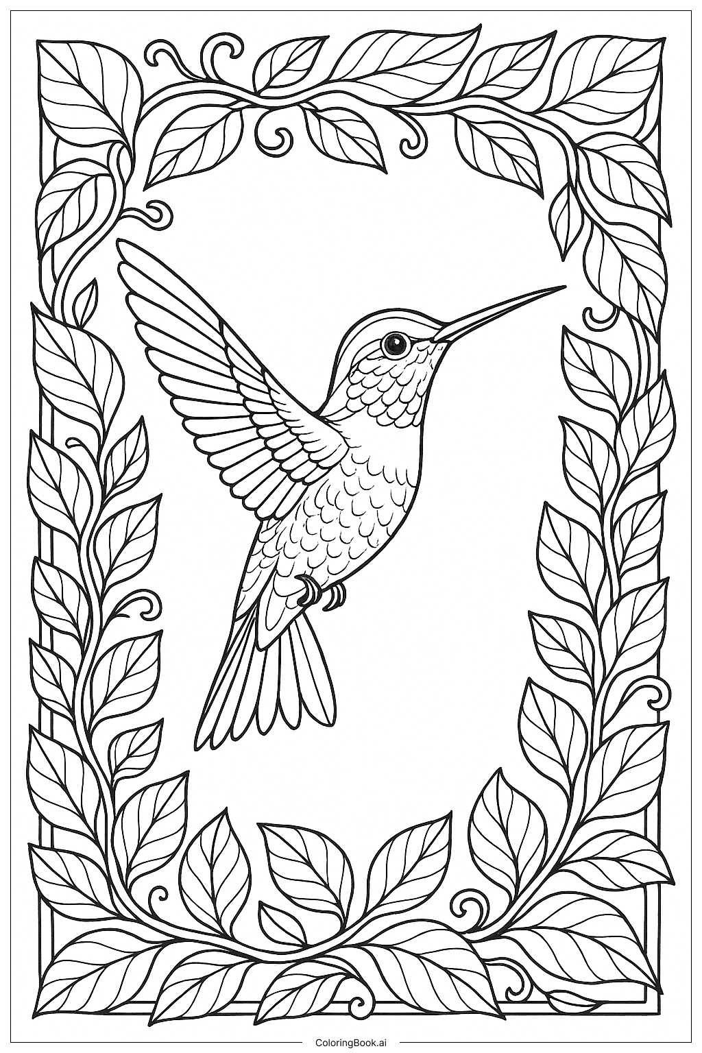  Página para colorear de Colibrí con Marco Decorativo de Enredadera 