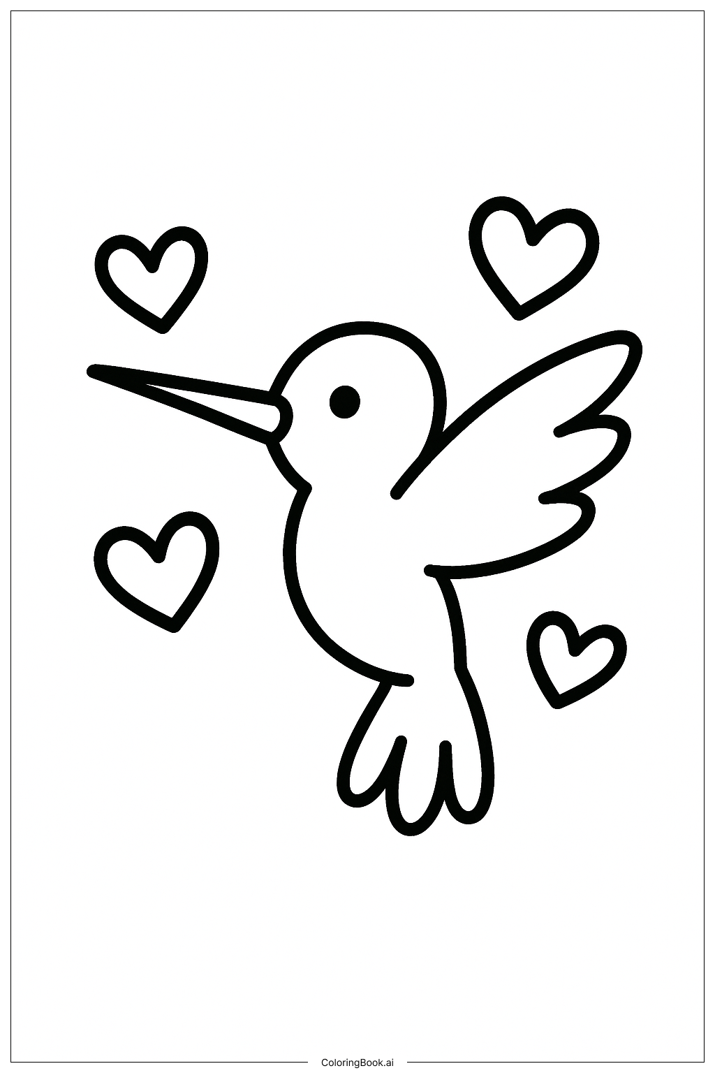  Página para colorir de Beija-flor com formas de coração 