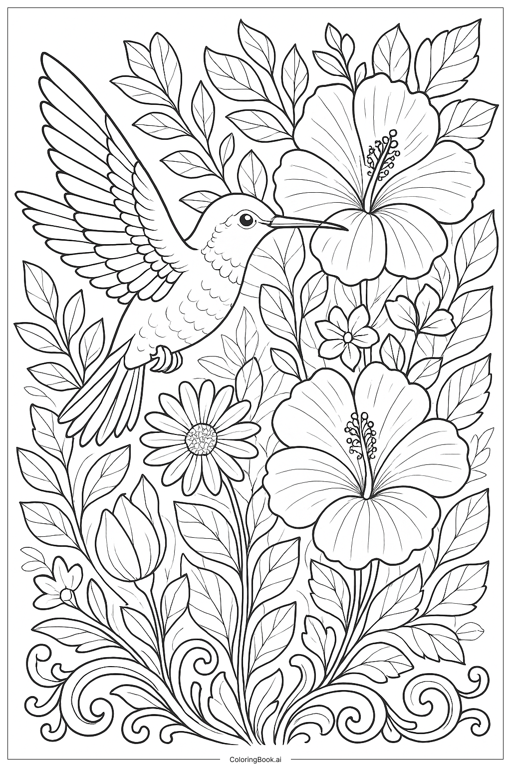  Hummingbird With Layered Garden Scene Coloring Page 