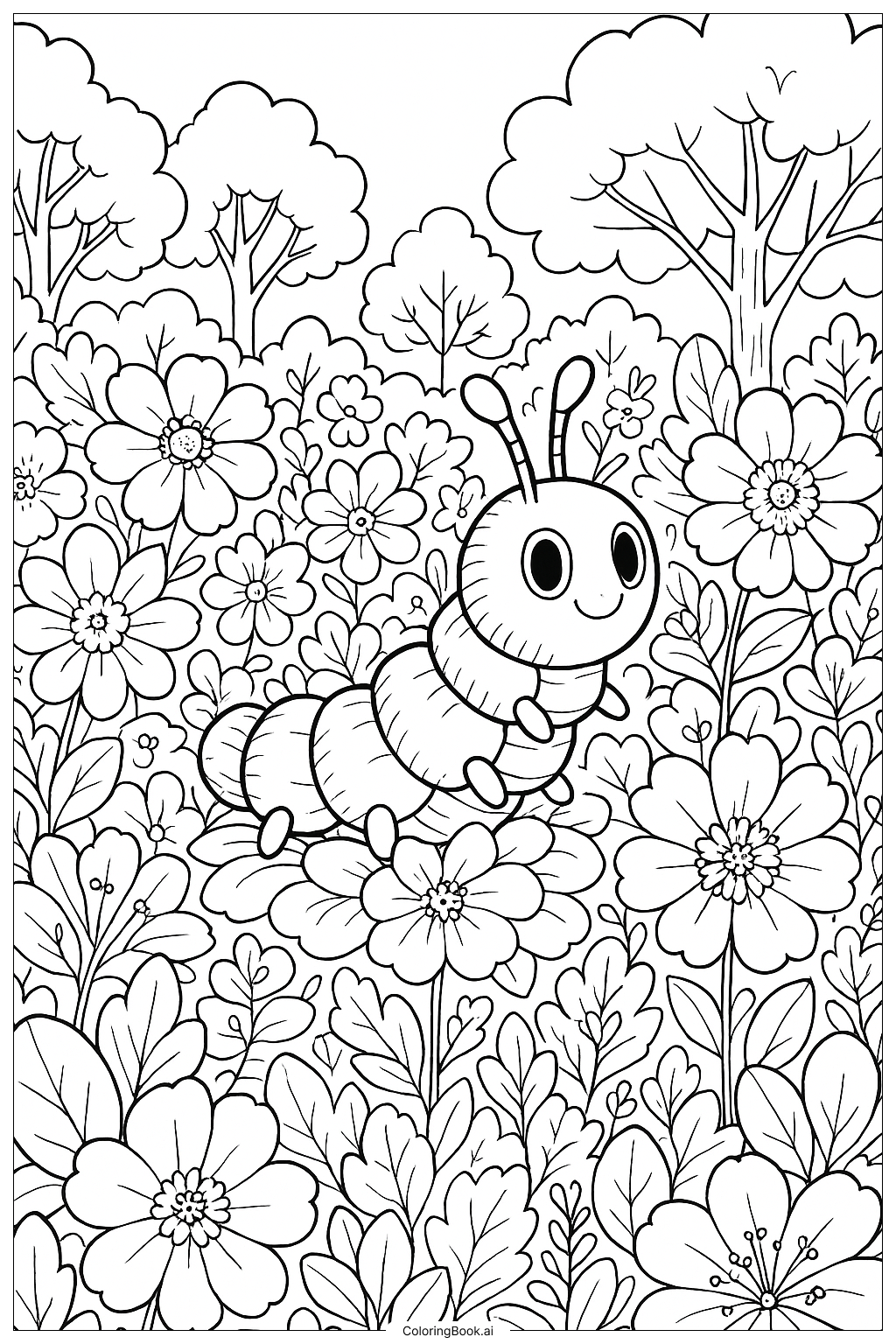  Página para colorir de Lagarta Faminta Entre Flores e Árvores 