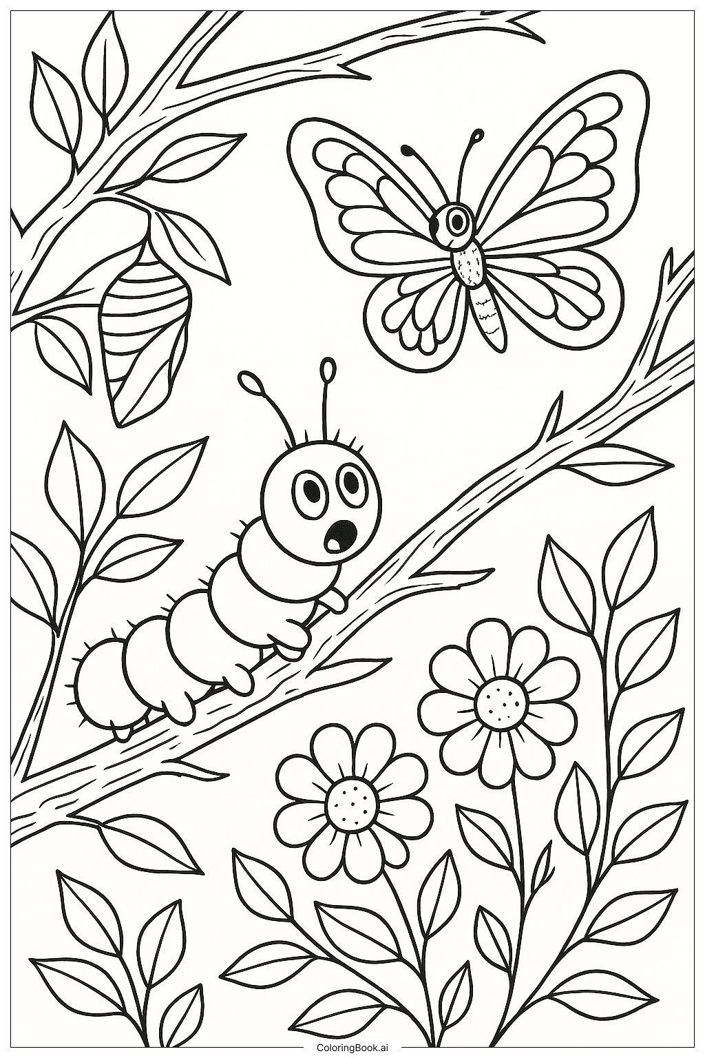  배고픈 애벌레와 나비의 변신 장면 색칠공부 페이지 