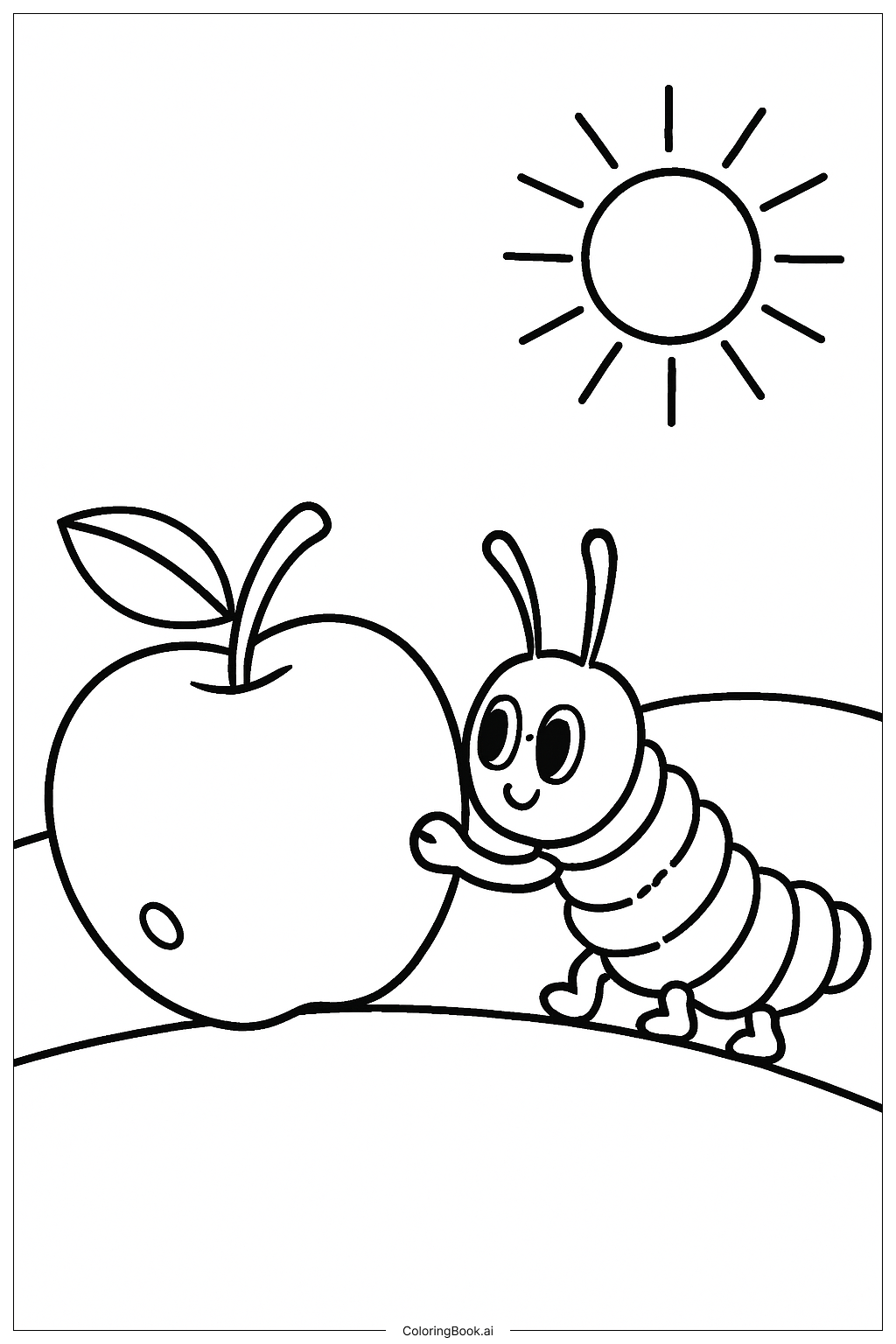  饥饿的毛毛虫与滚动的苹果填色页 