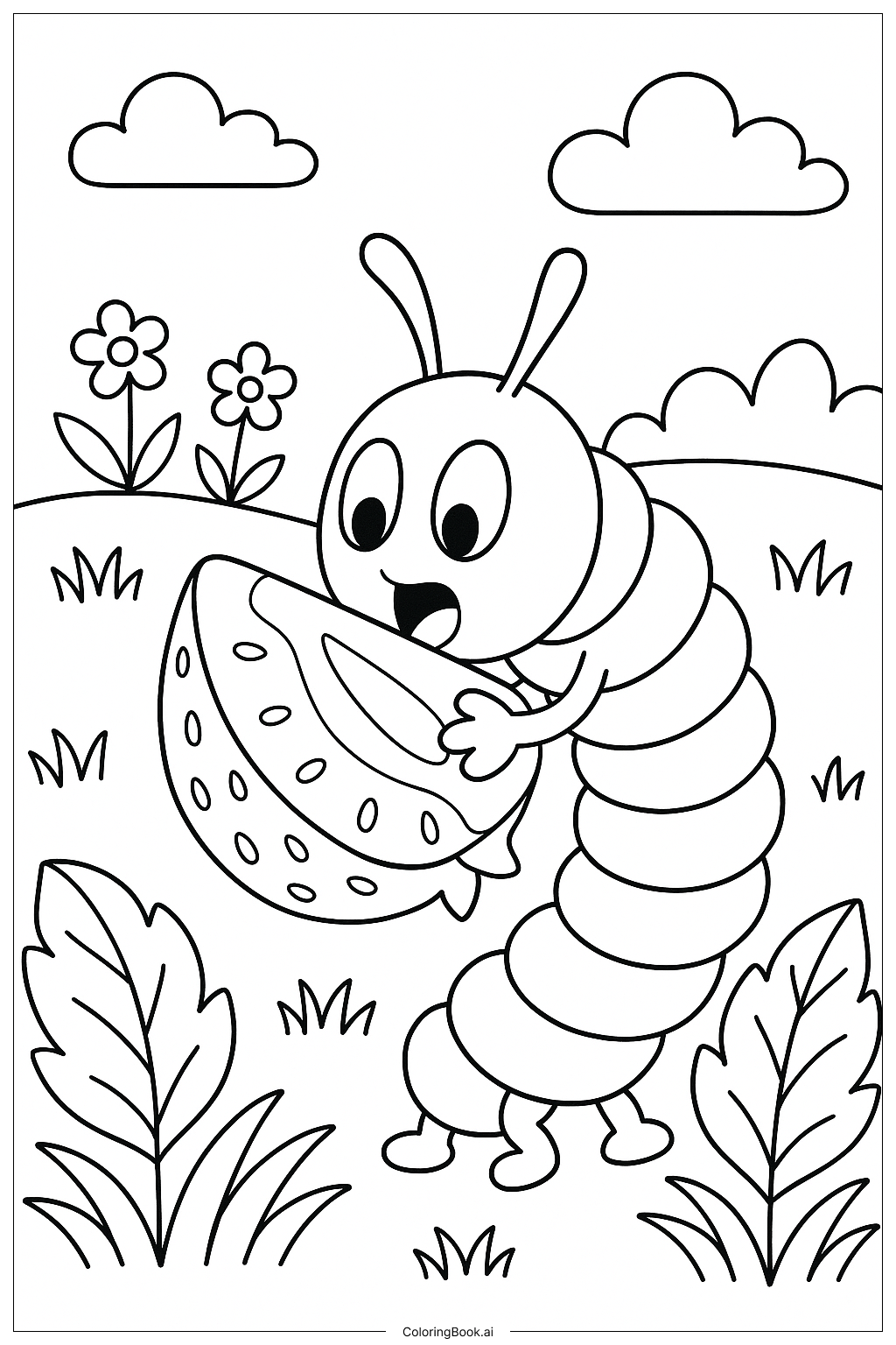  饥饿的小毛毛虫吃草莓片填色页 