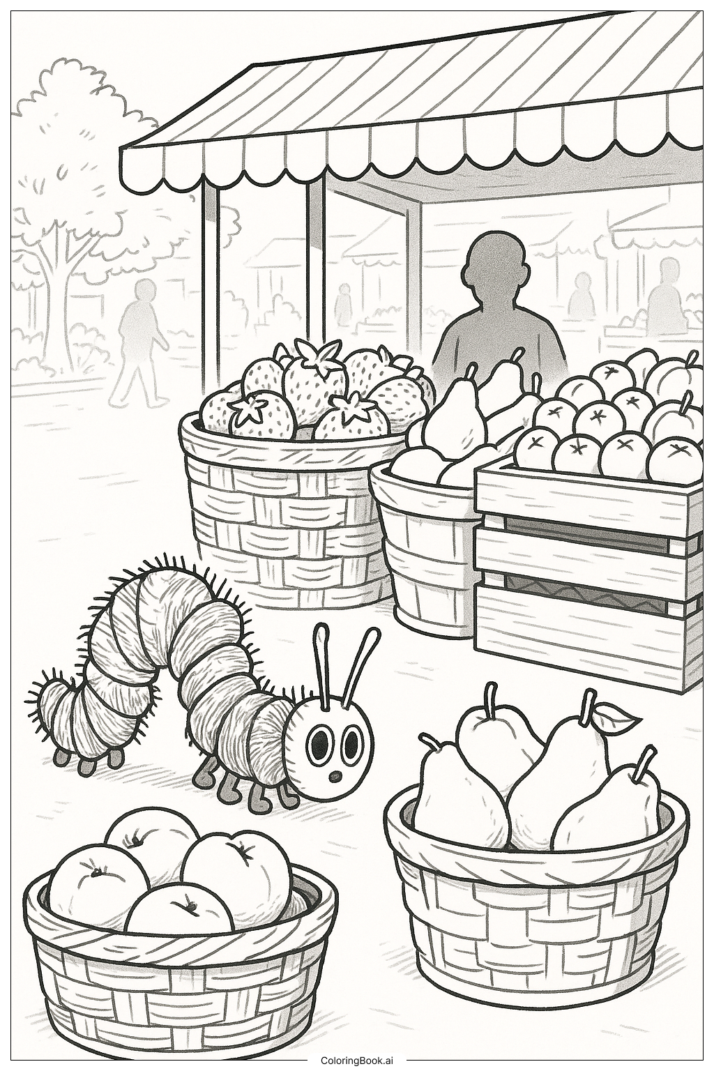 饥饿毛毛虫逛水果市场填色页