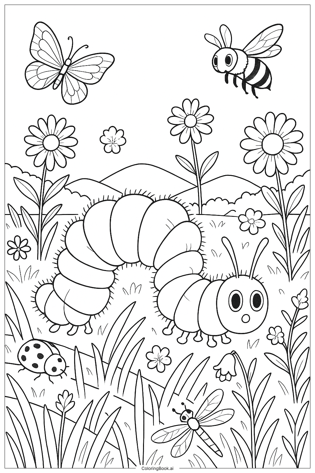  먹이 찾는 애벌레와 벌레가 있는 초원 색칠공부 페이지 