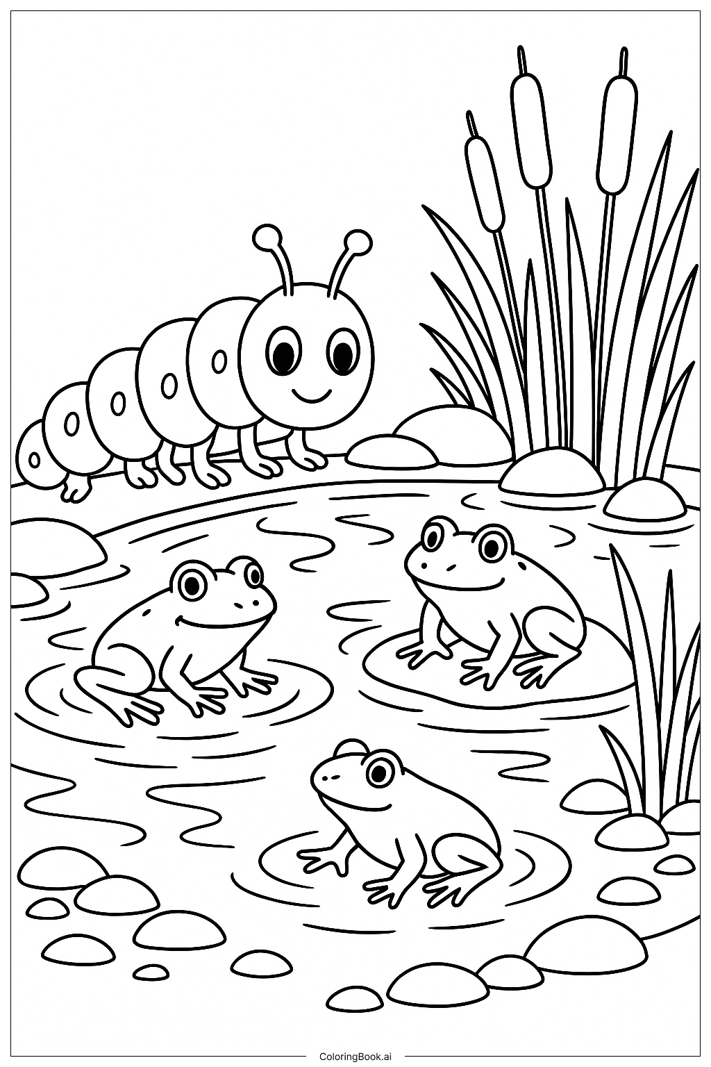  饥饿的毛毛虫在池塘边和青蛙们填色页 