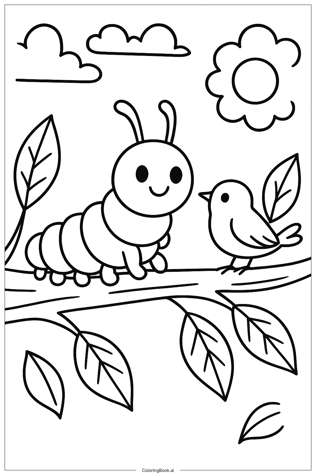  Hungry Caterpillar On Branch With Bird Coloring Page 