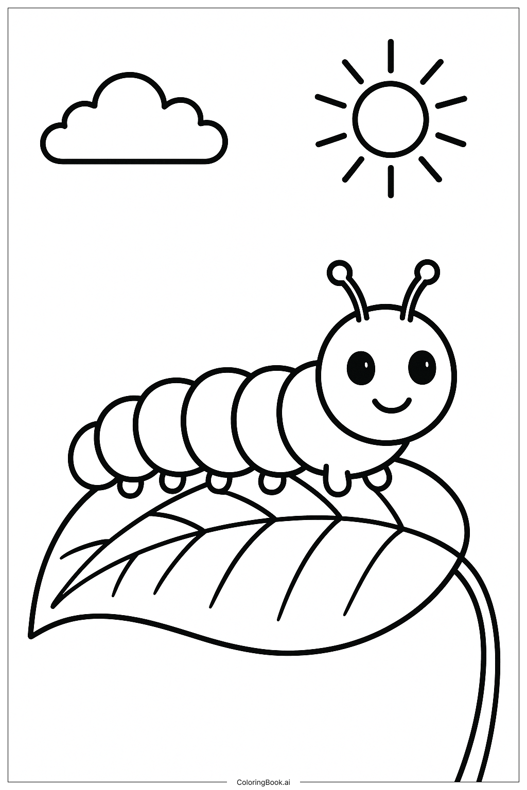  肚子餓的毛毛蟲在花園葉子上著色頁 