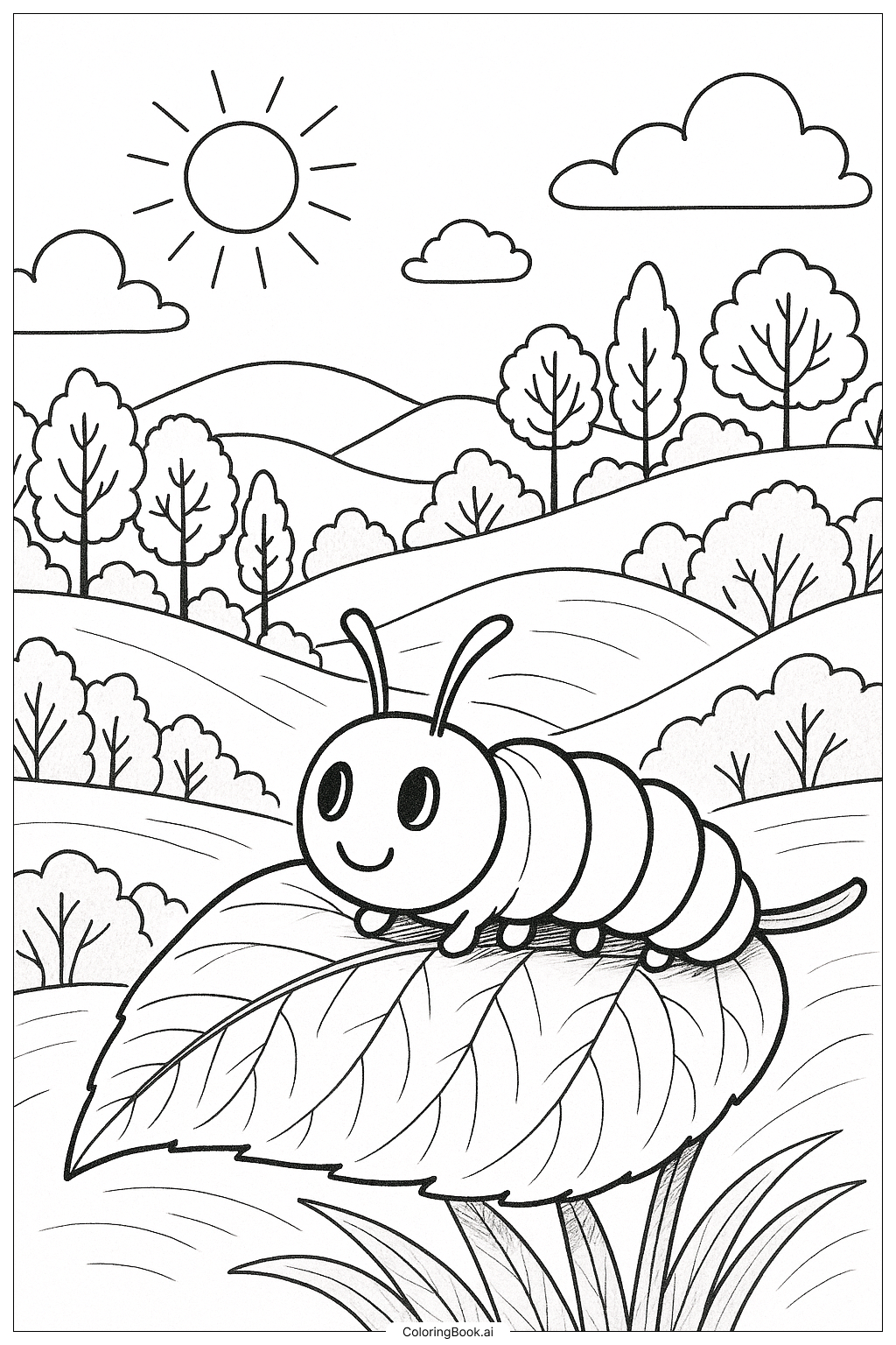  배경 언덕과 나뭇잎 위의 배고픈 애벌레 색칠공부 페이지 