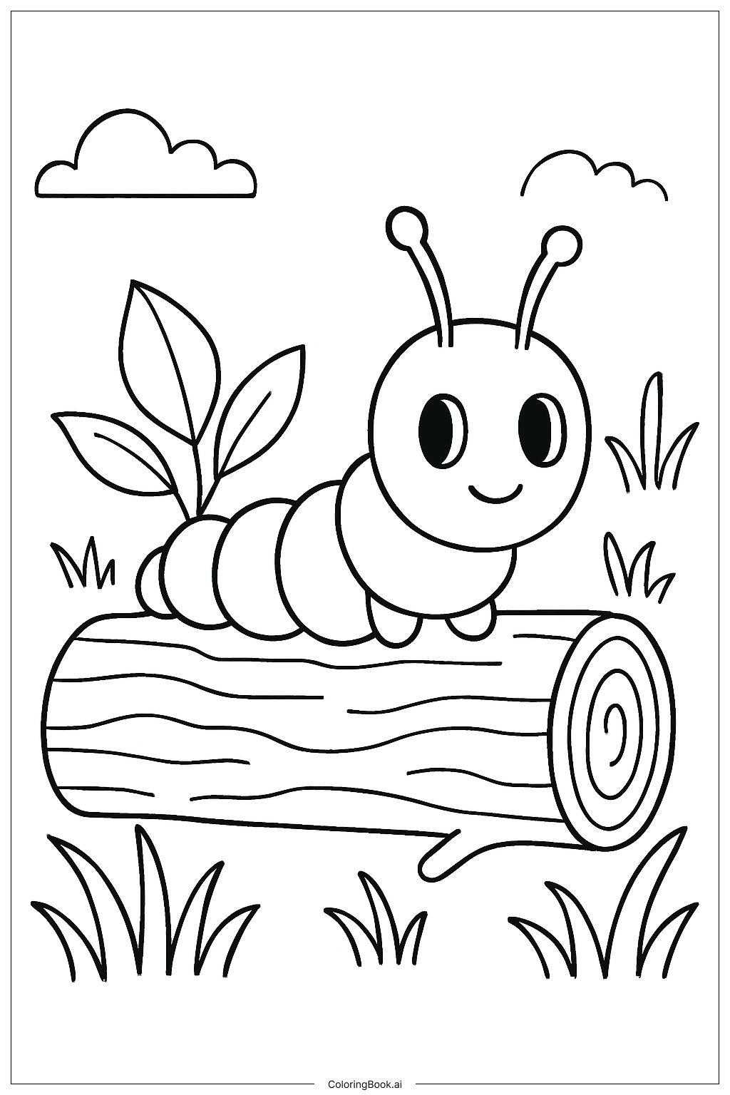  나무 통에 있는 배고픈 애벌레 색칠공부 페이지 