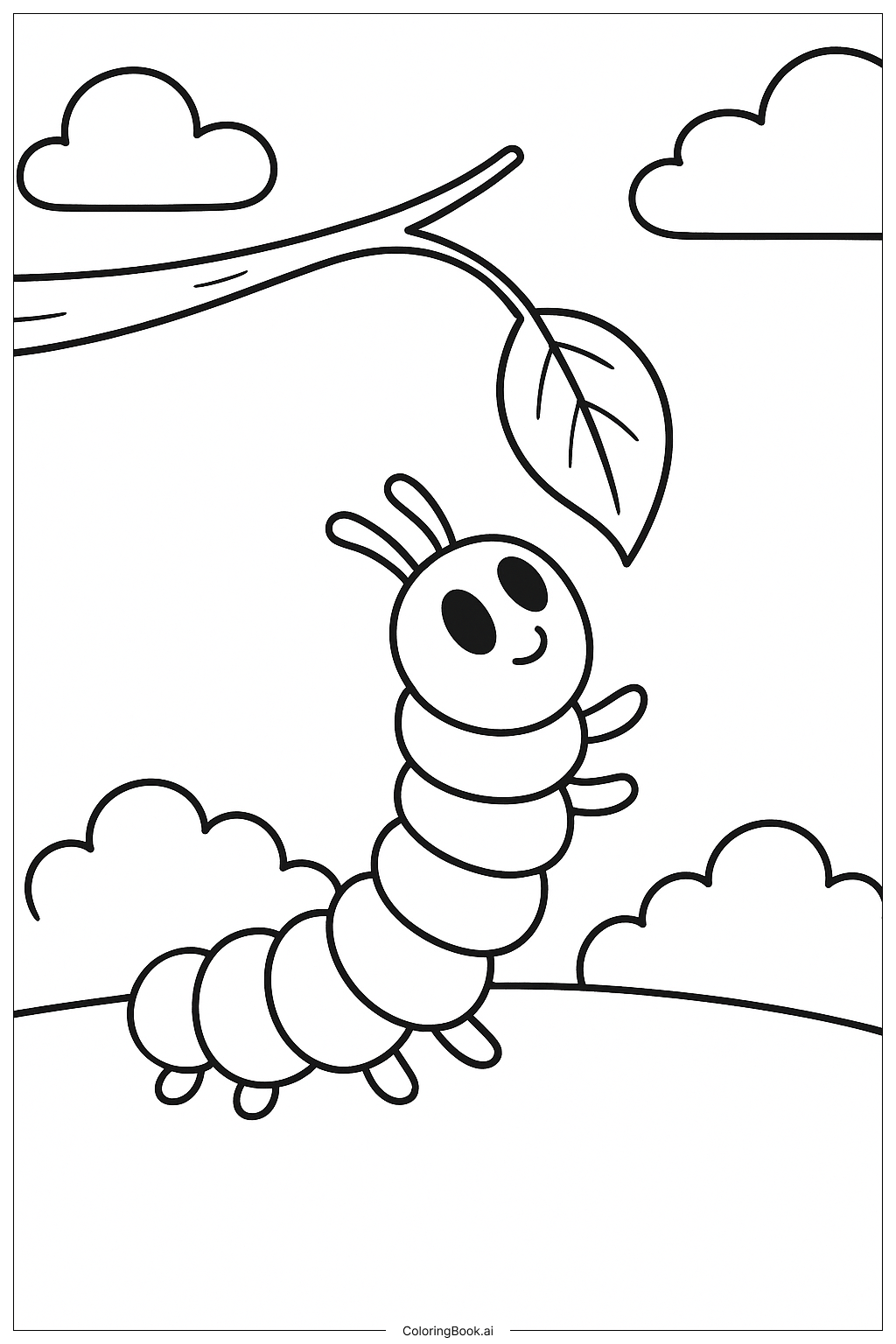  배고픈 애벌레가 나뭇잎에 손 뻗기 색칠공부 페이지 