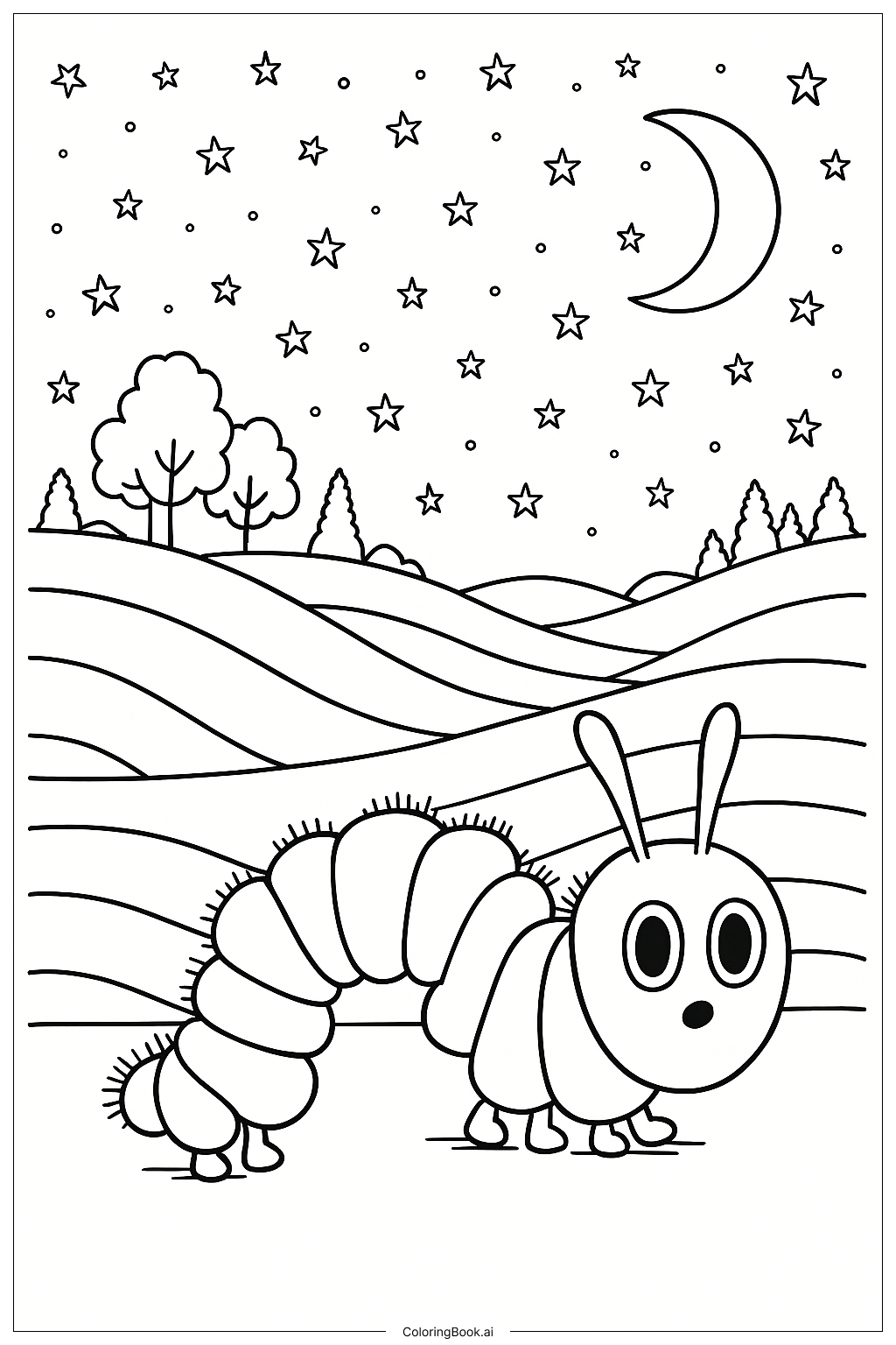  飢餓毛毛蟲在星空下著色頁 