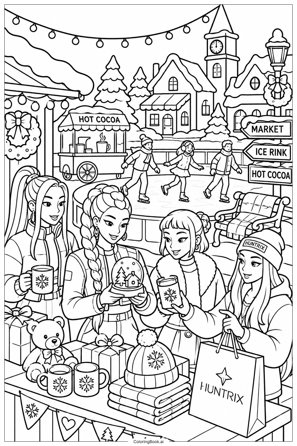  Huntrix Winter Village Market Ausmalseite 