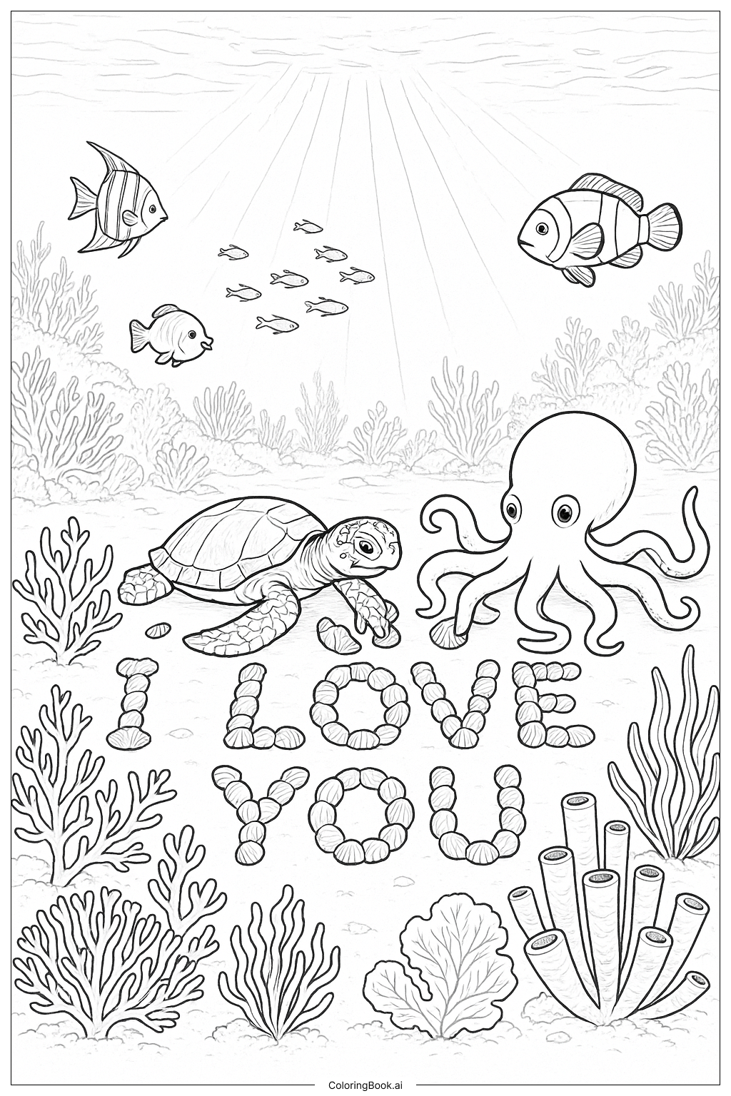  Page de coloriage Je t'aime message océan 