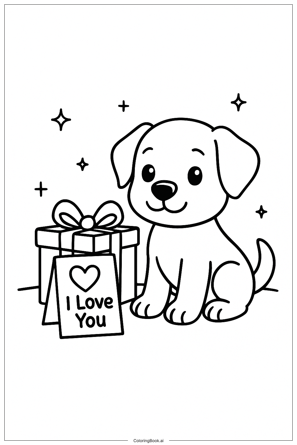  Page de coloriage Cadeau de chiot Je t'aime 