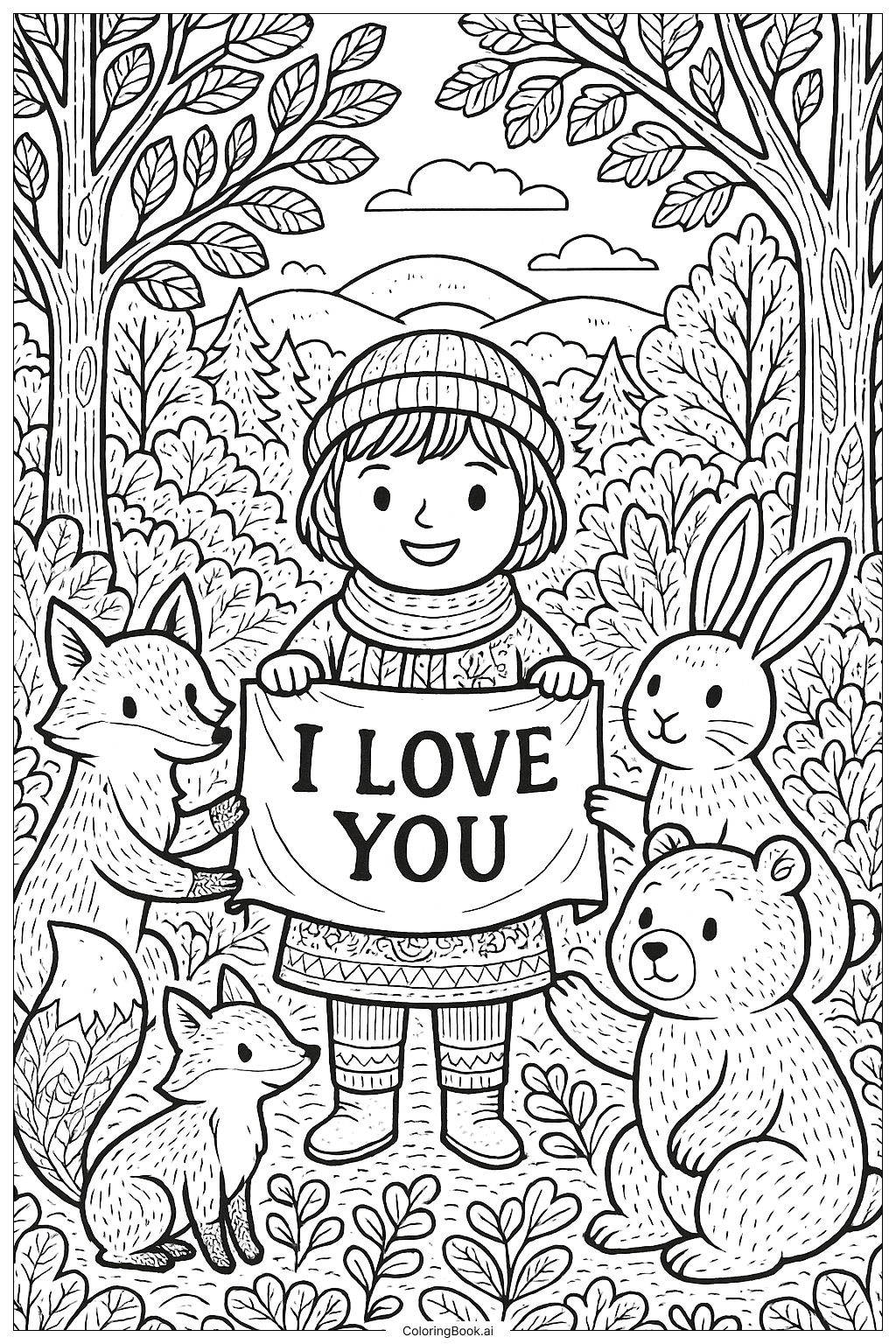  Page de coloriage Scène forestière « Je t'aime » 