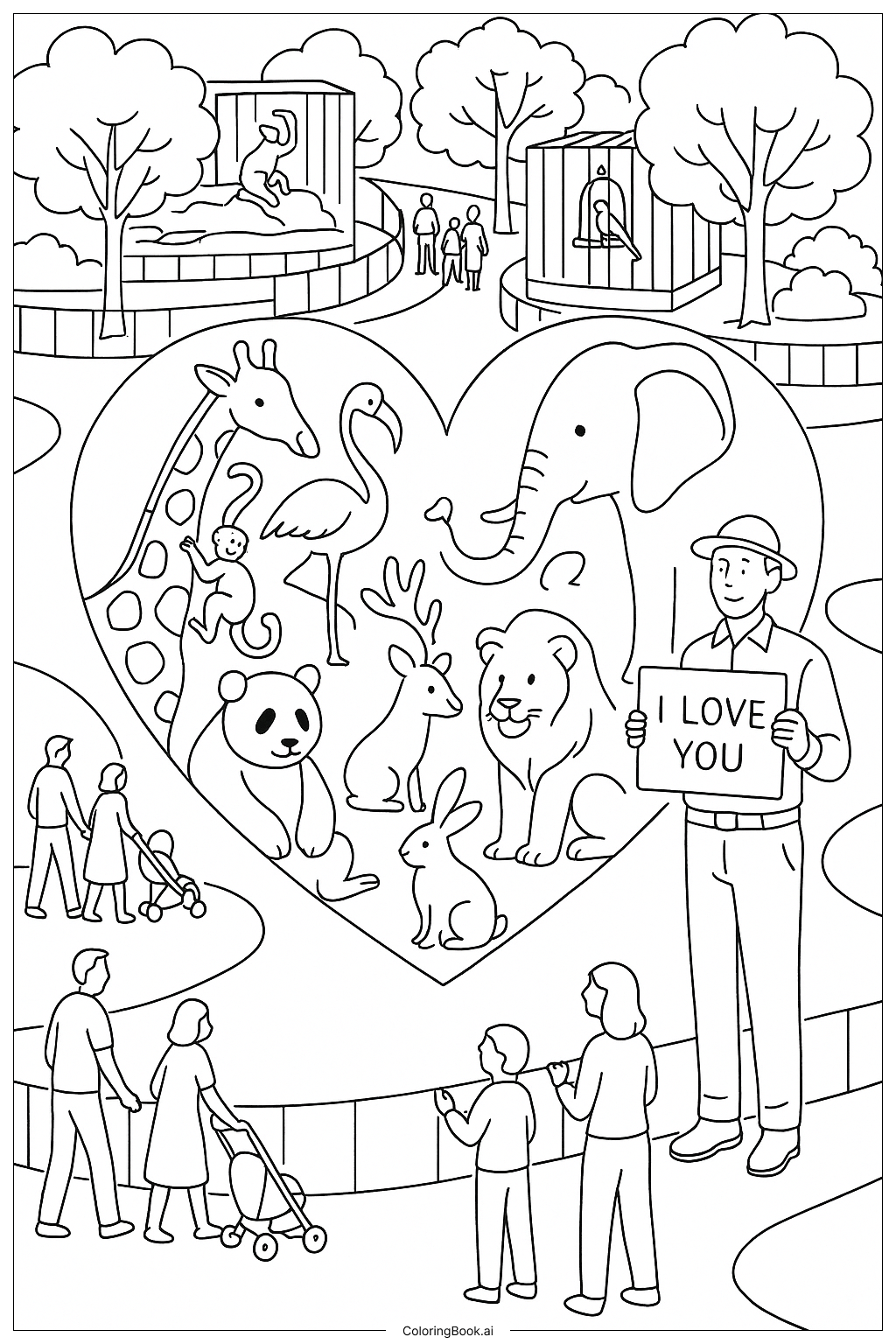  Página para colorir de Eu Amo Você Coração do Zoológico 