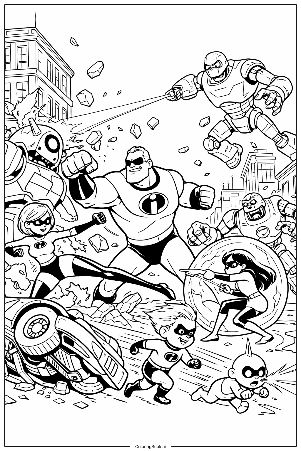  インクレディブルズ アクションバトルシーンの塗り絵ページ 