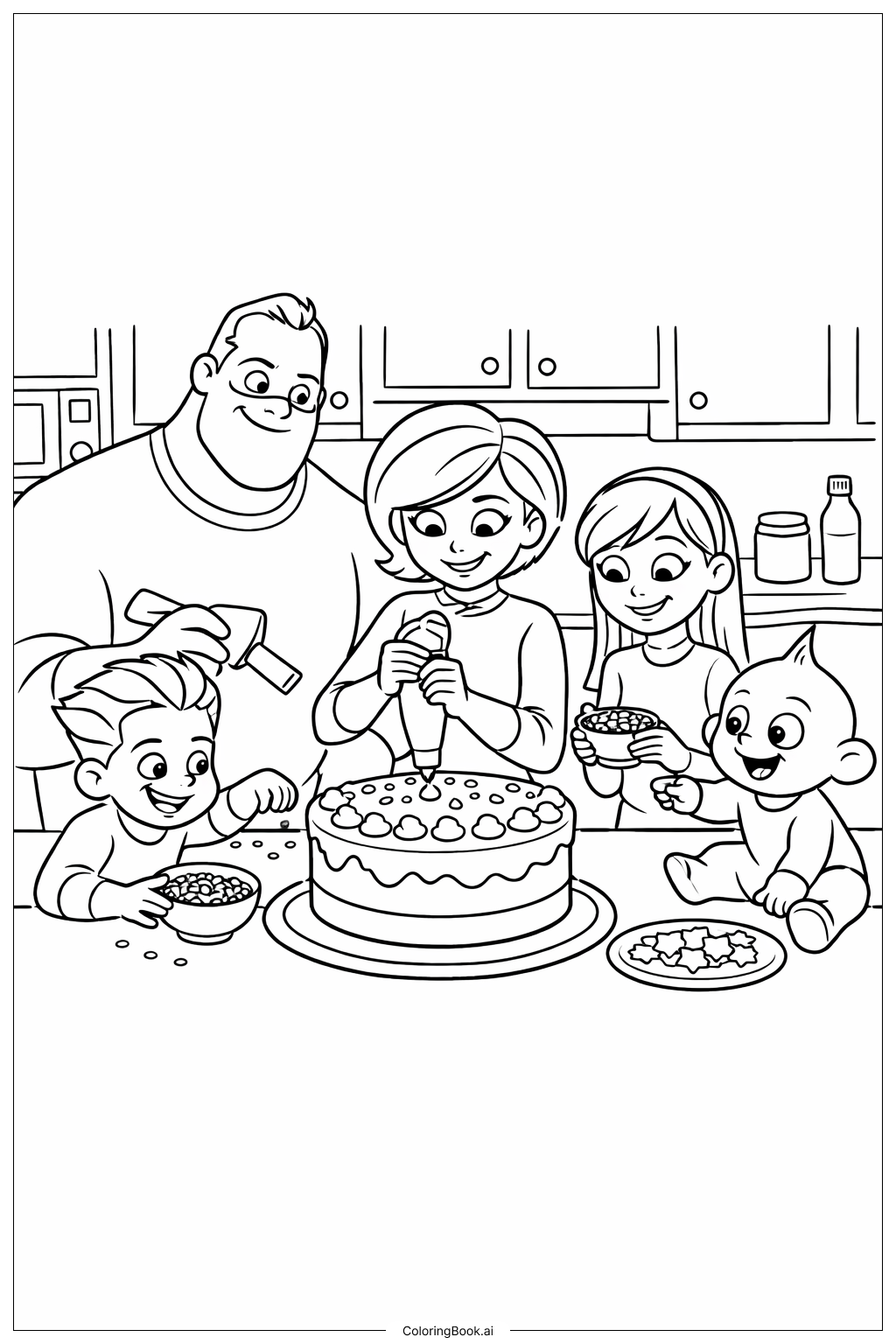  インクレディブル家族のケーキデコレーションの塗り絵ページ 