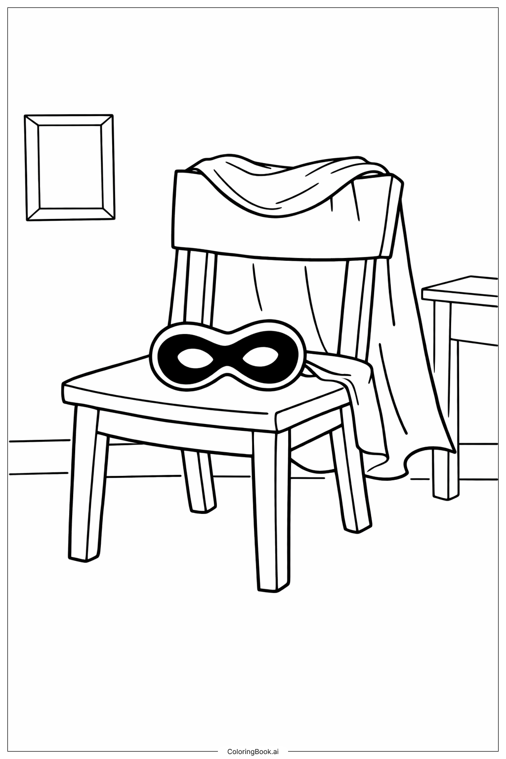  椅子の上のインクレディブルマスクとマントの塗り絵ページ 