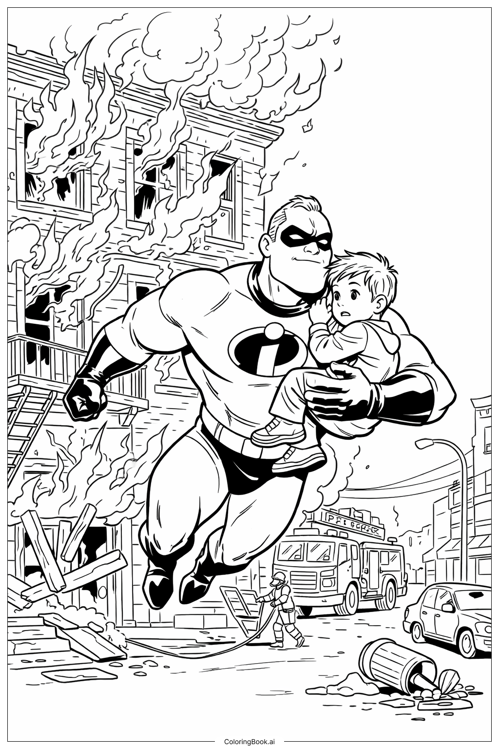 燃える建物からのインクレディブルズの救出