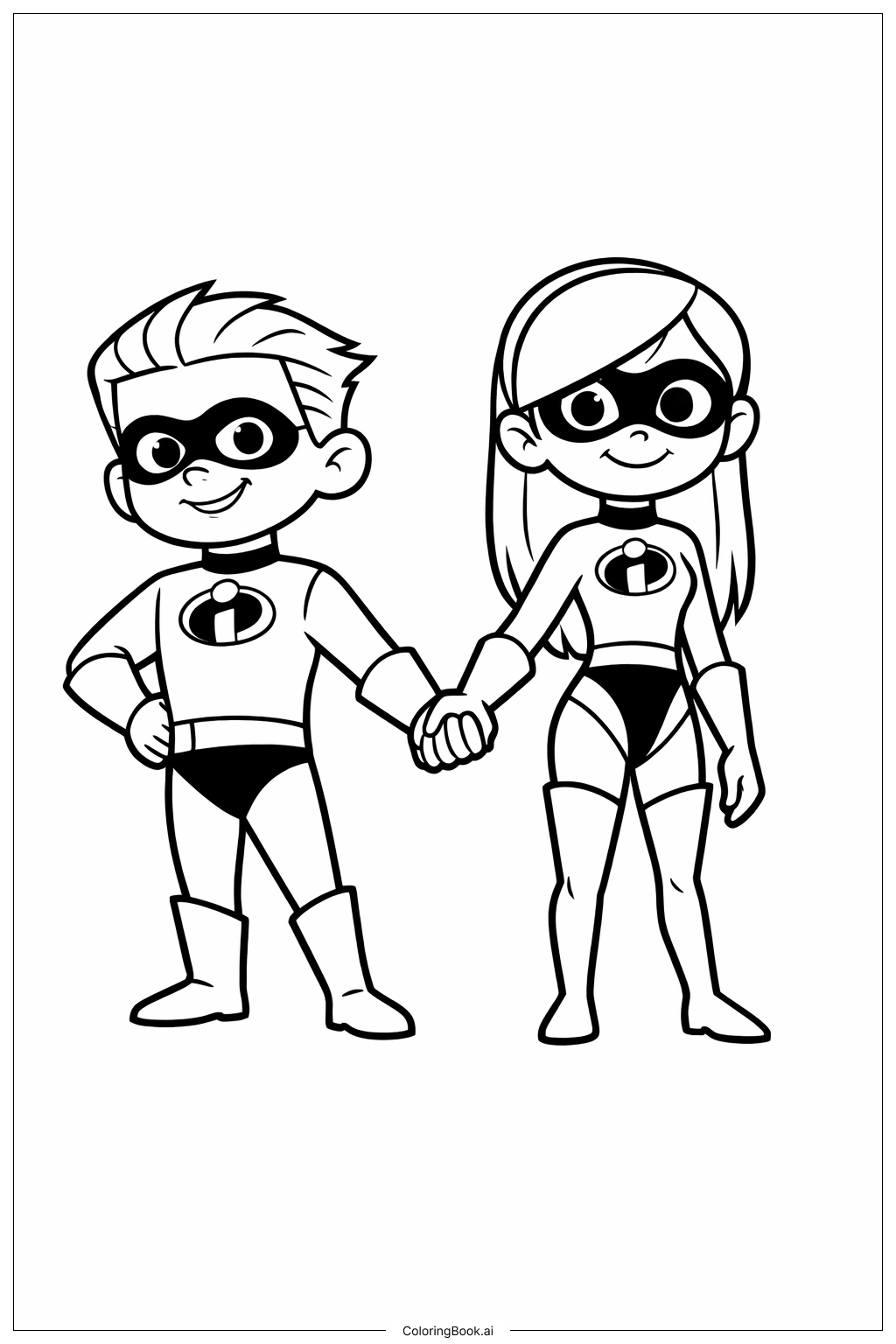  インクレディブルズ兄妹デュオが手をつないでいるの塗り絵ページ 