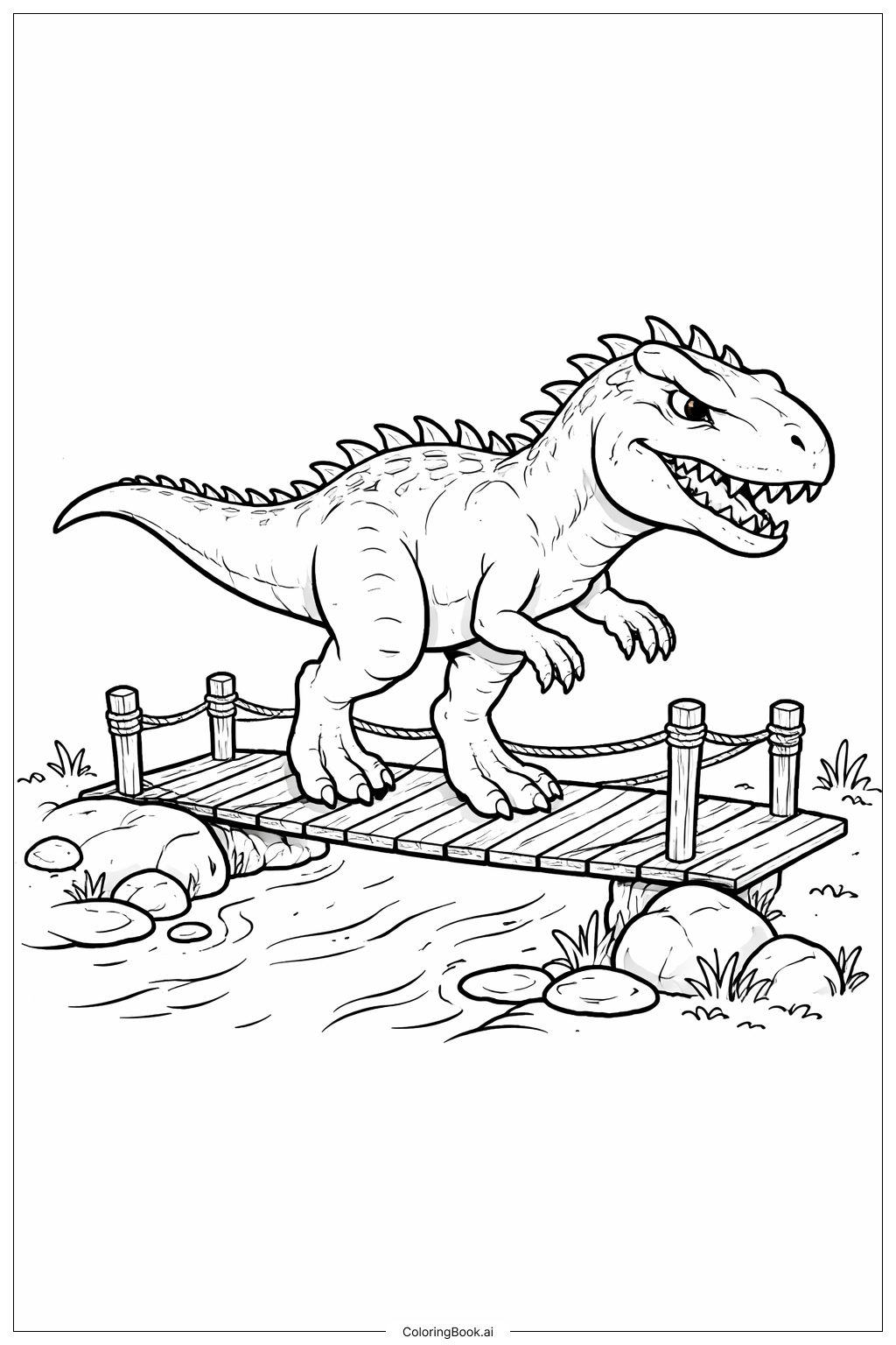  Página para colorear de Indominus Rex cruzando el puente 