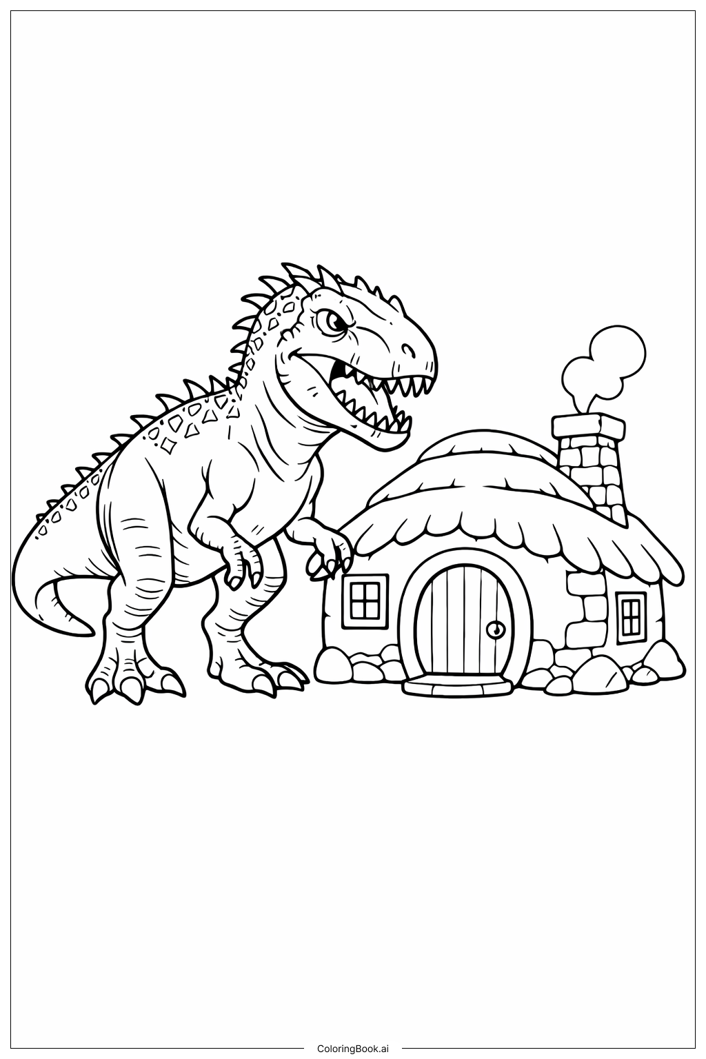 Página para colorear de Indominus Rex con Cabaña