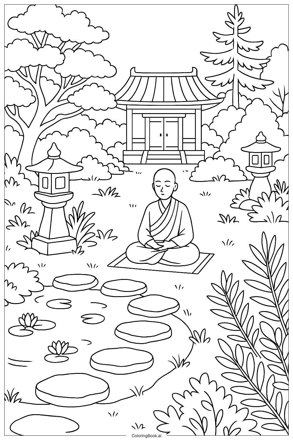 Página para colorear de Templo de la Paz Interior Salud Mental