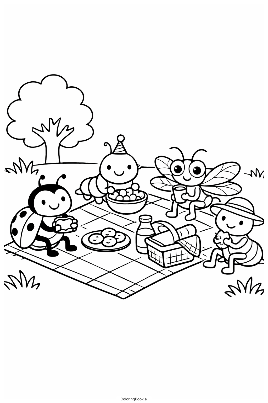  Page de coloriage Pique-nique en famille d'insectes 