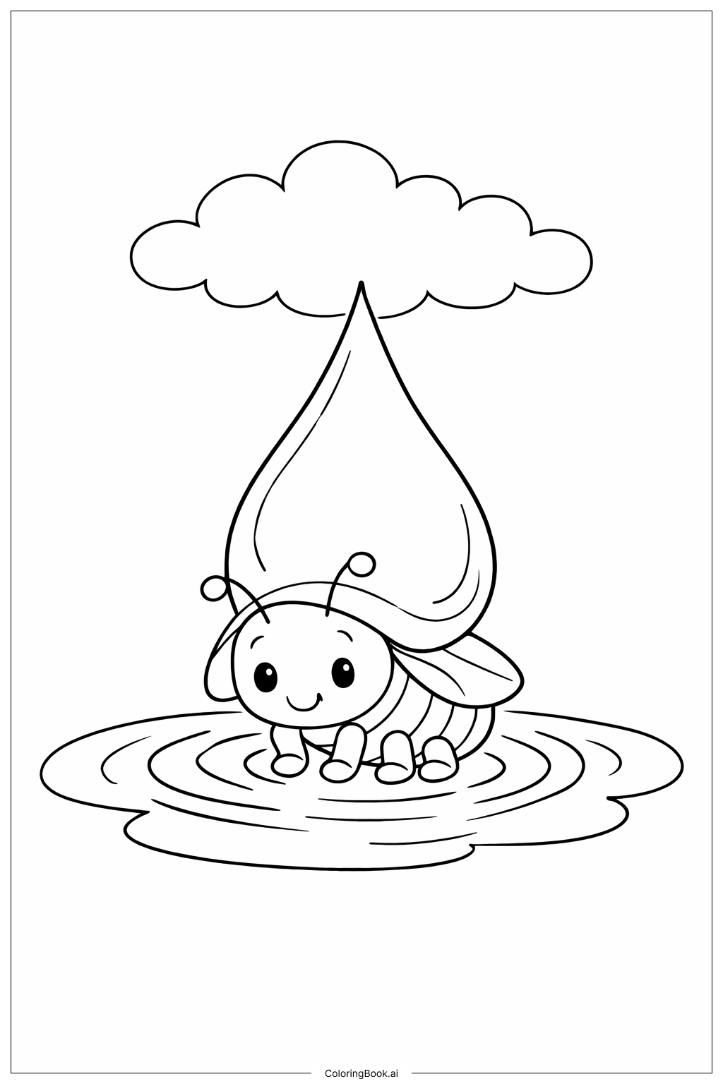  Page de coloriage Insecte près des gouttes de pluie 