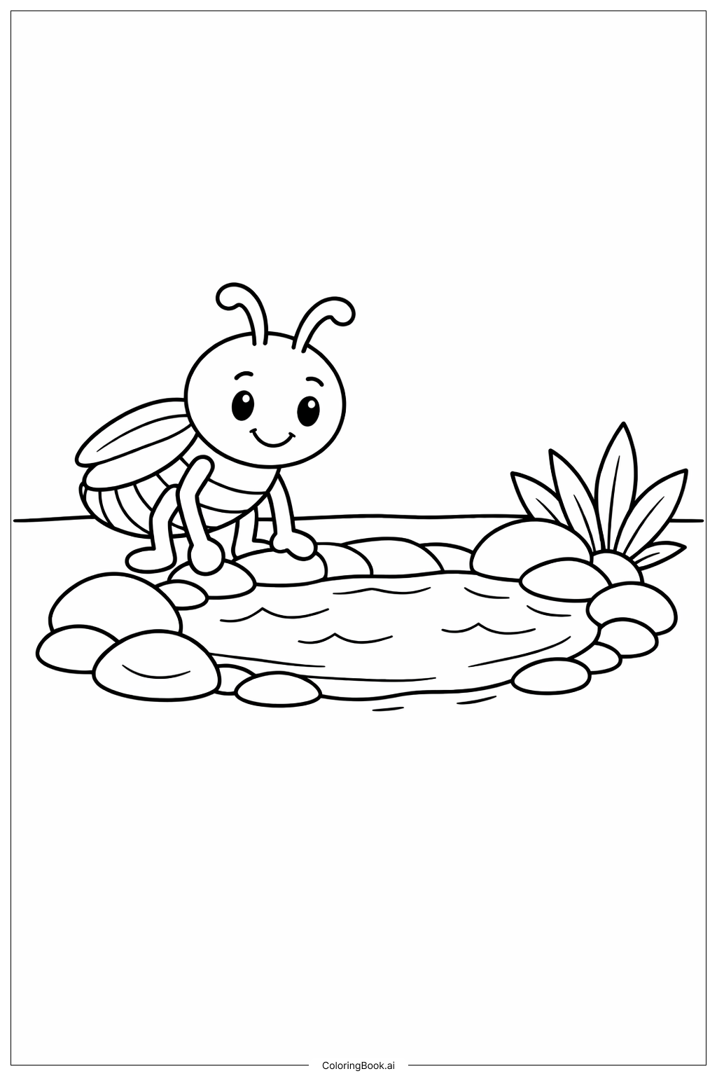  岩石水池旁的昆虫填色页 