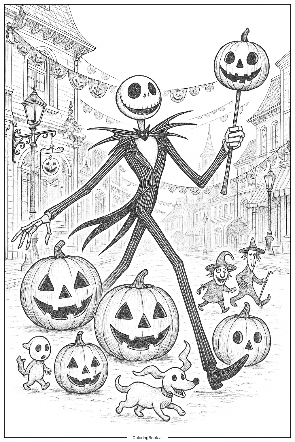 Jack Skellington Leading Parade Of Pumpkins Coloring Page