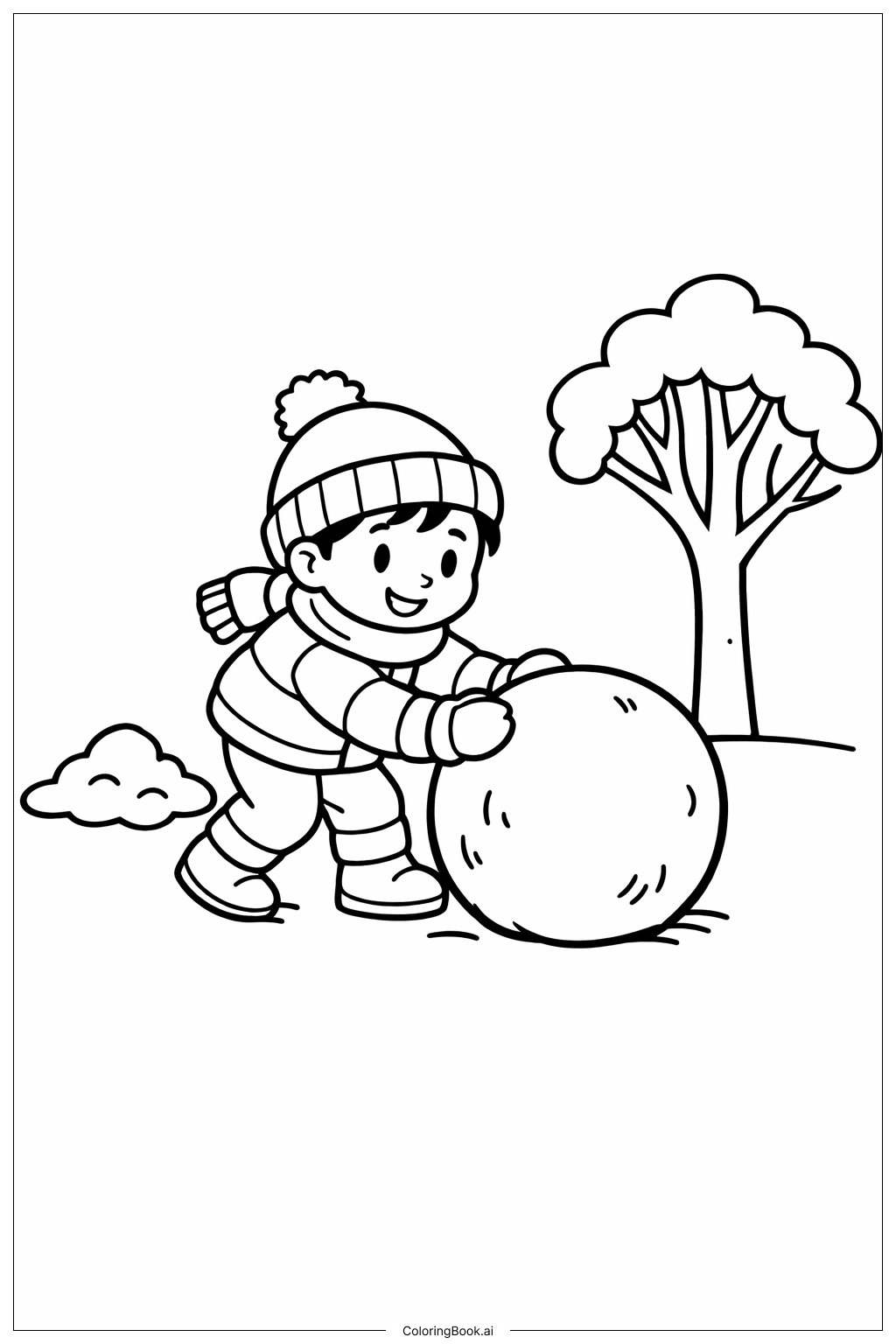  1月の子どもが雪だるまを作るの塗り絵ページ 