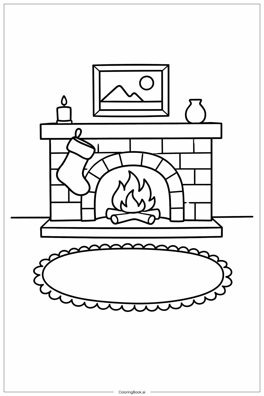  1月の暖かい暖炉のシーンの塗り絵ページ 