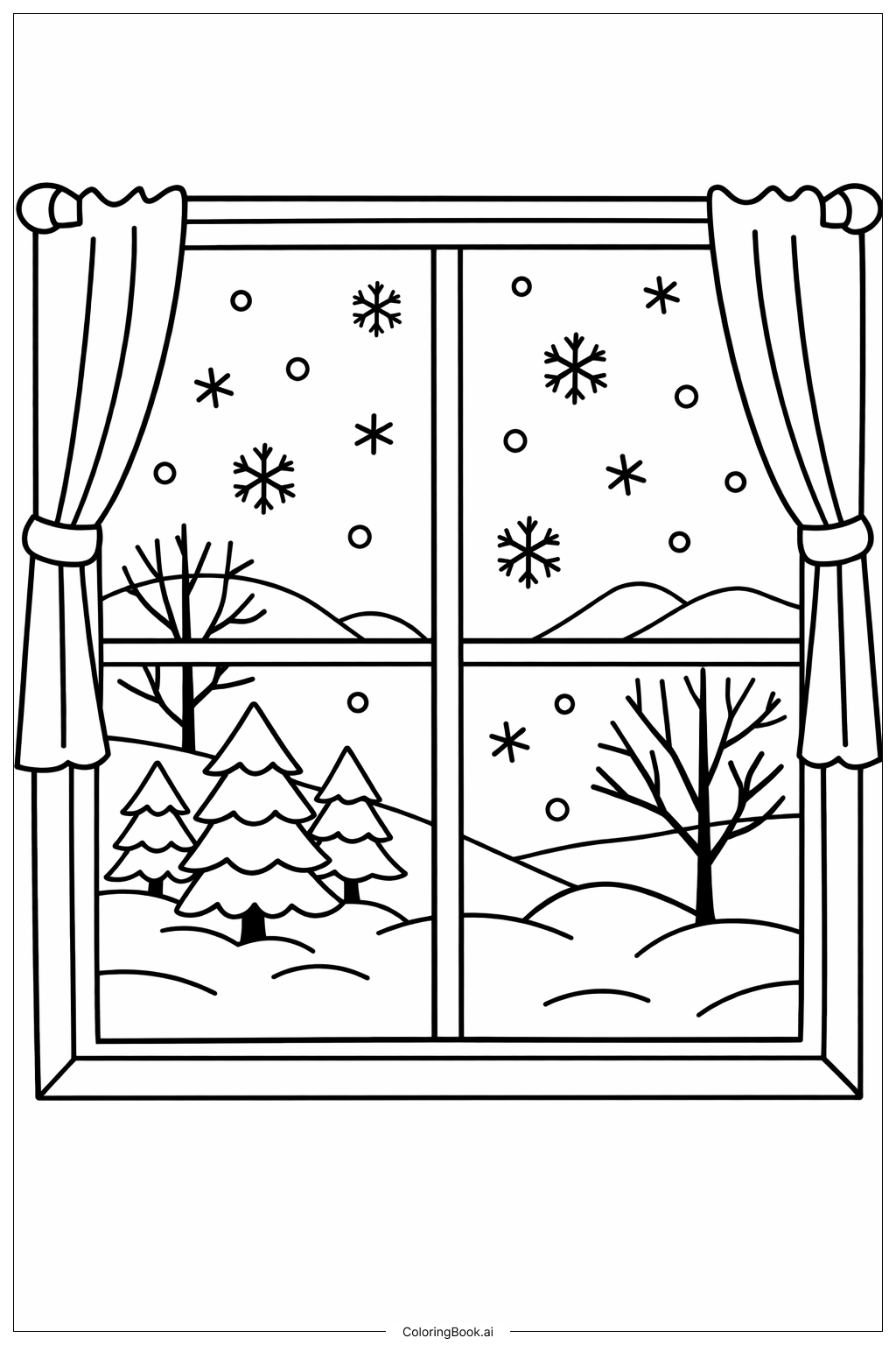  1月の霜の窓の景色の塗り絵ページ 