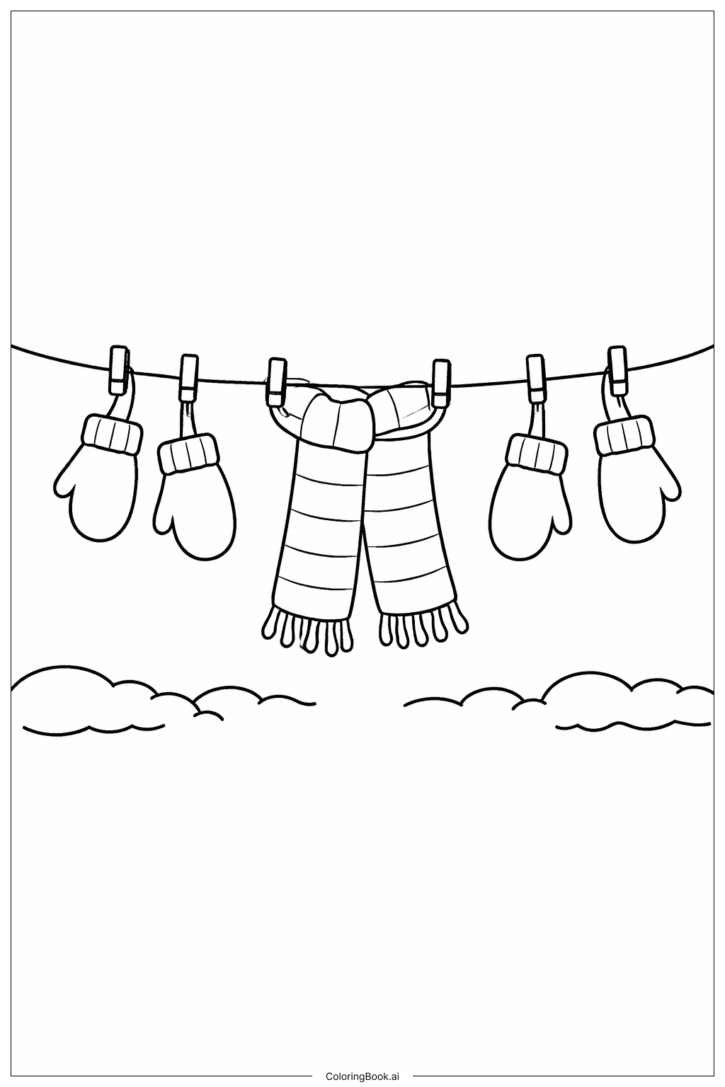  1月のミトン物干しラインの塗り絵ページ 