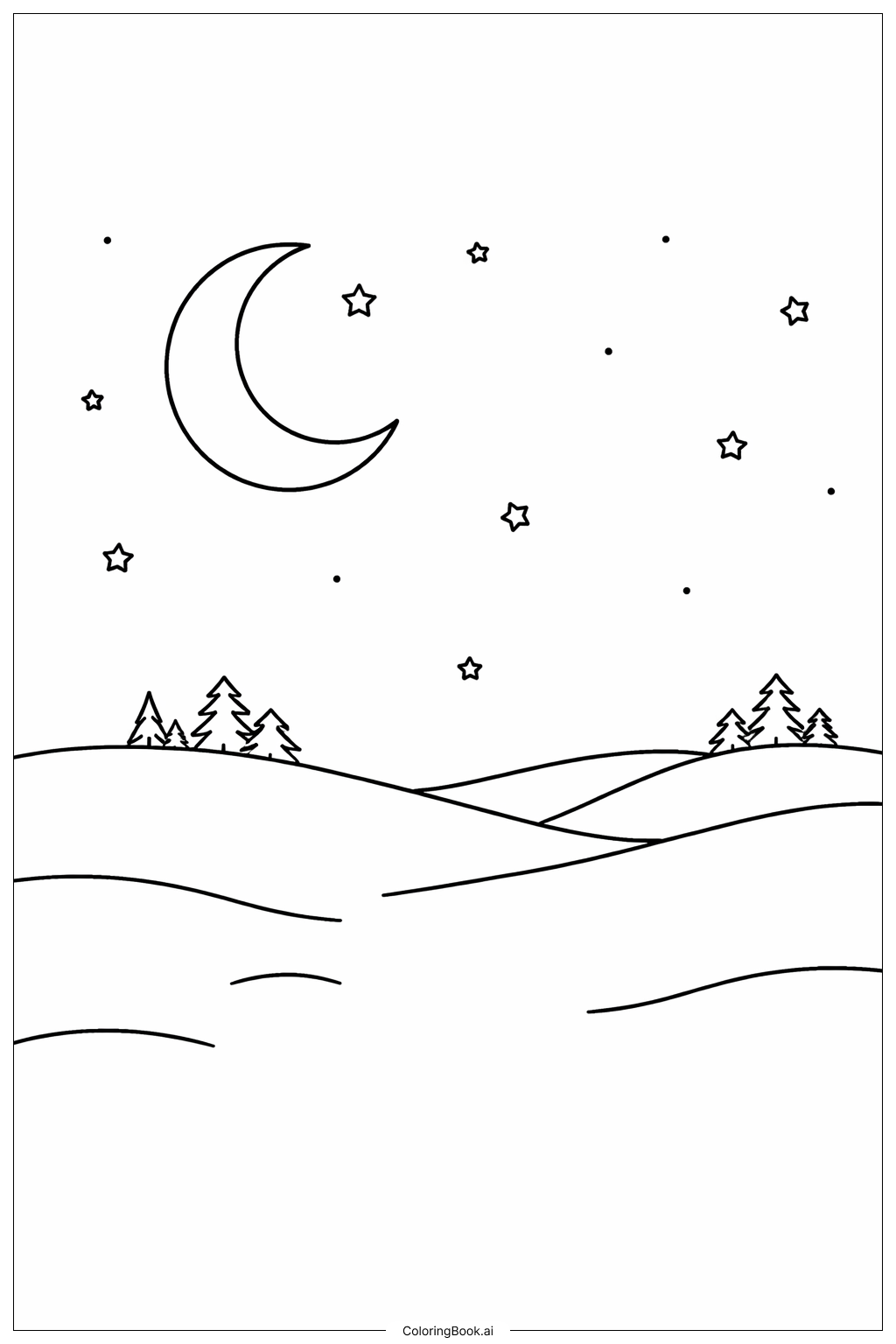  雪原の上の一月の月の塗り絵ページ 