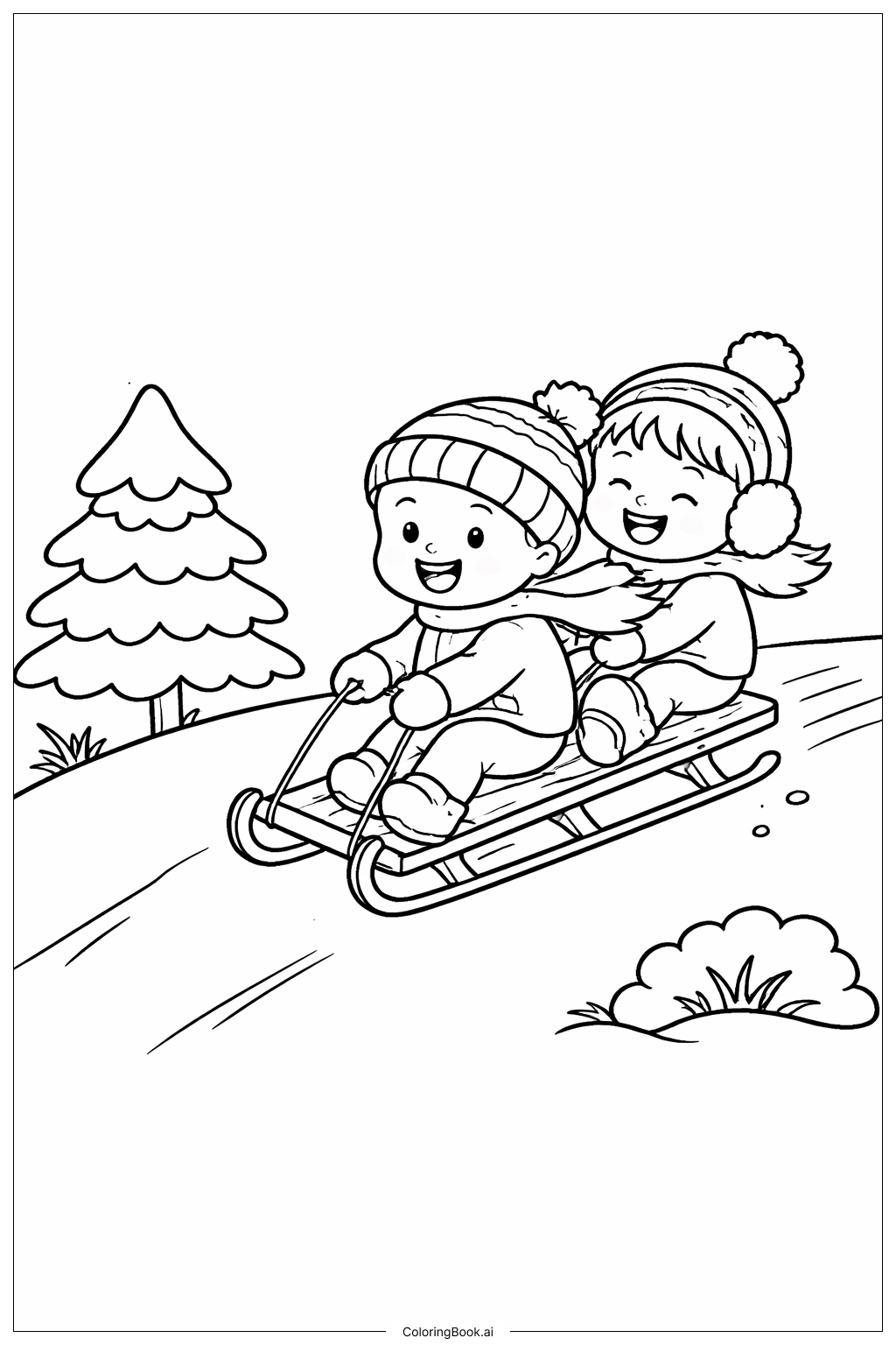  1月のそり遊びをする子どもたちの塗り絵ページ 