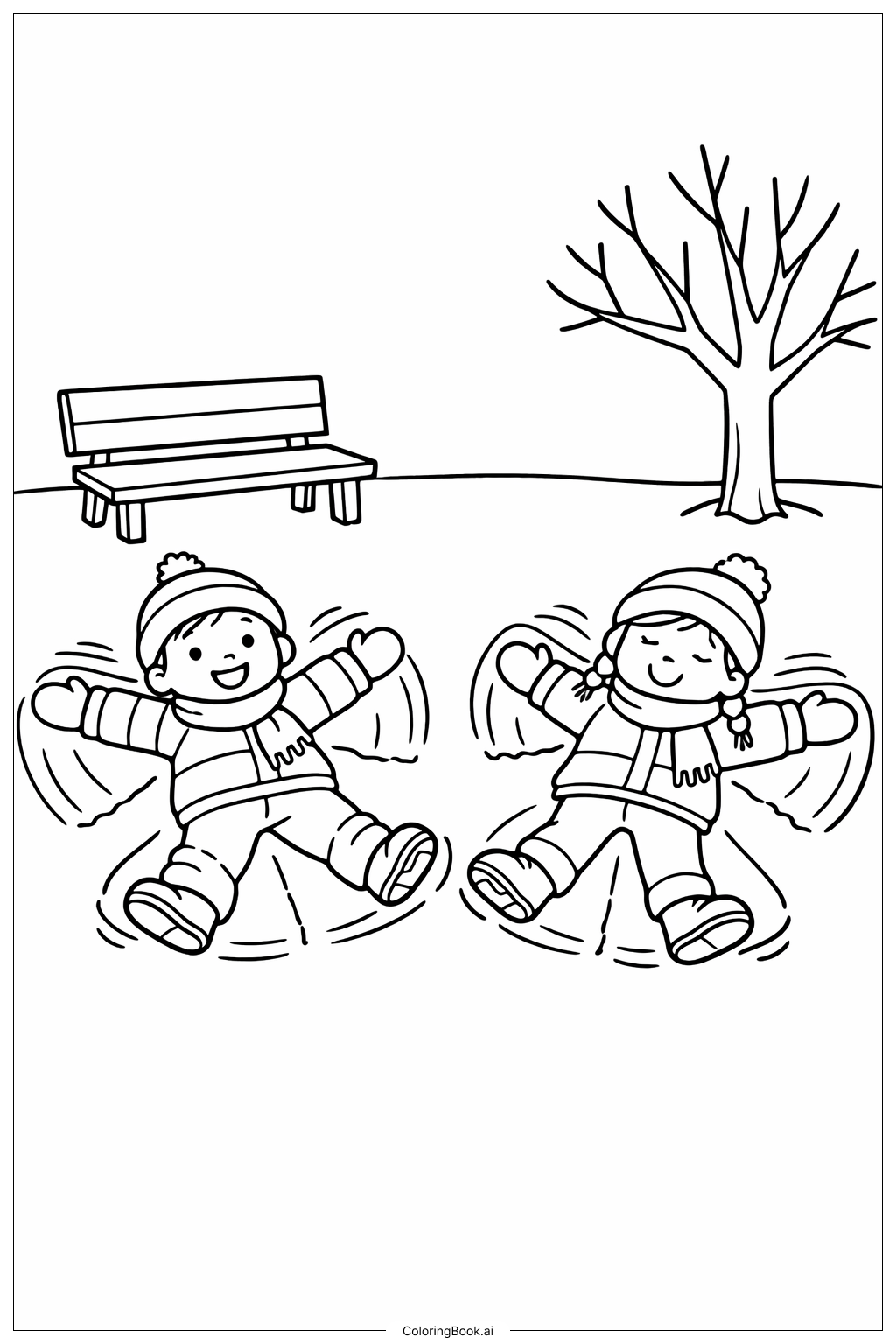  公園での1月の雪の天使の塗り絵ページ 