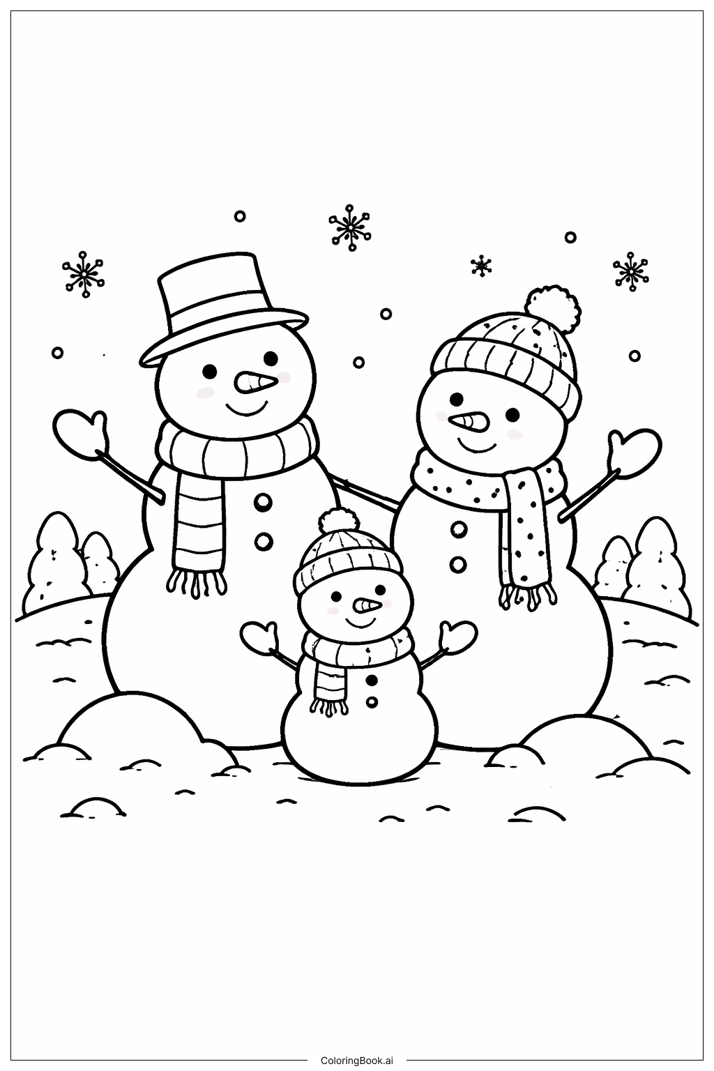  1月の雪だるま家族の風景の塗り絵ページ 