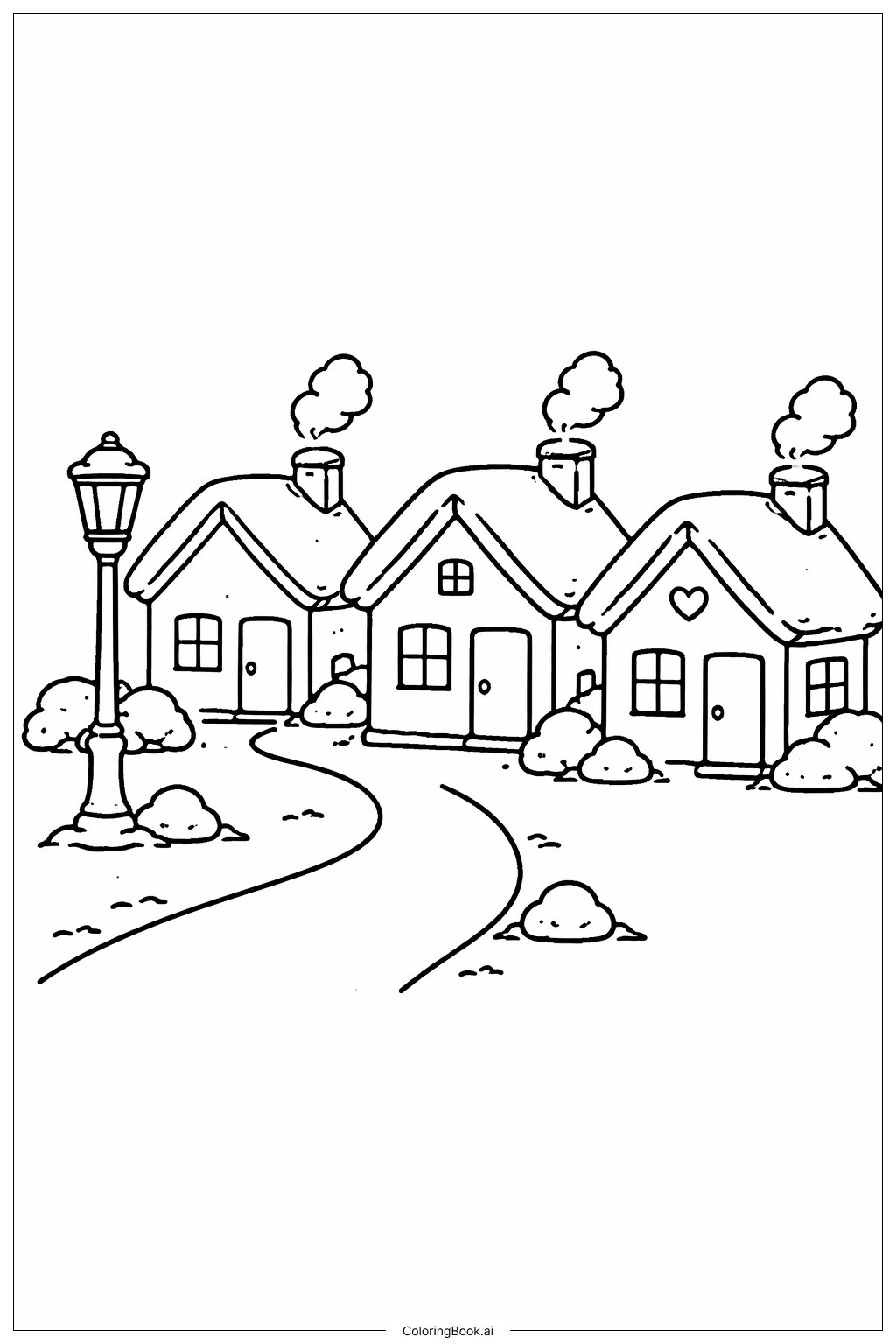  1月の雪に覆われた町の通りの塗り絵ページ 