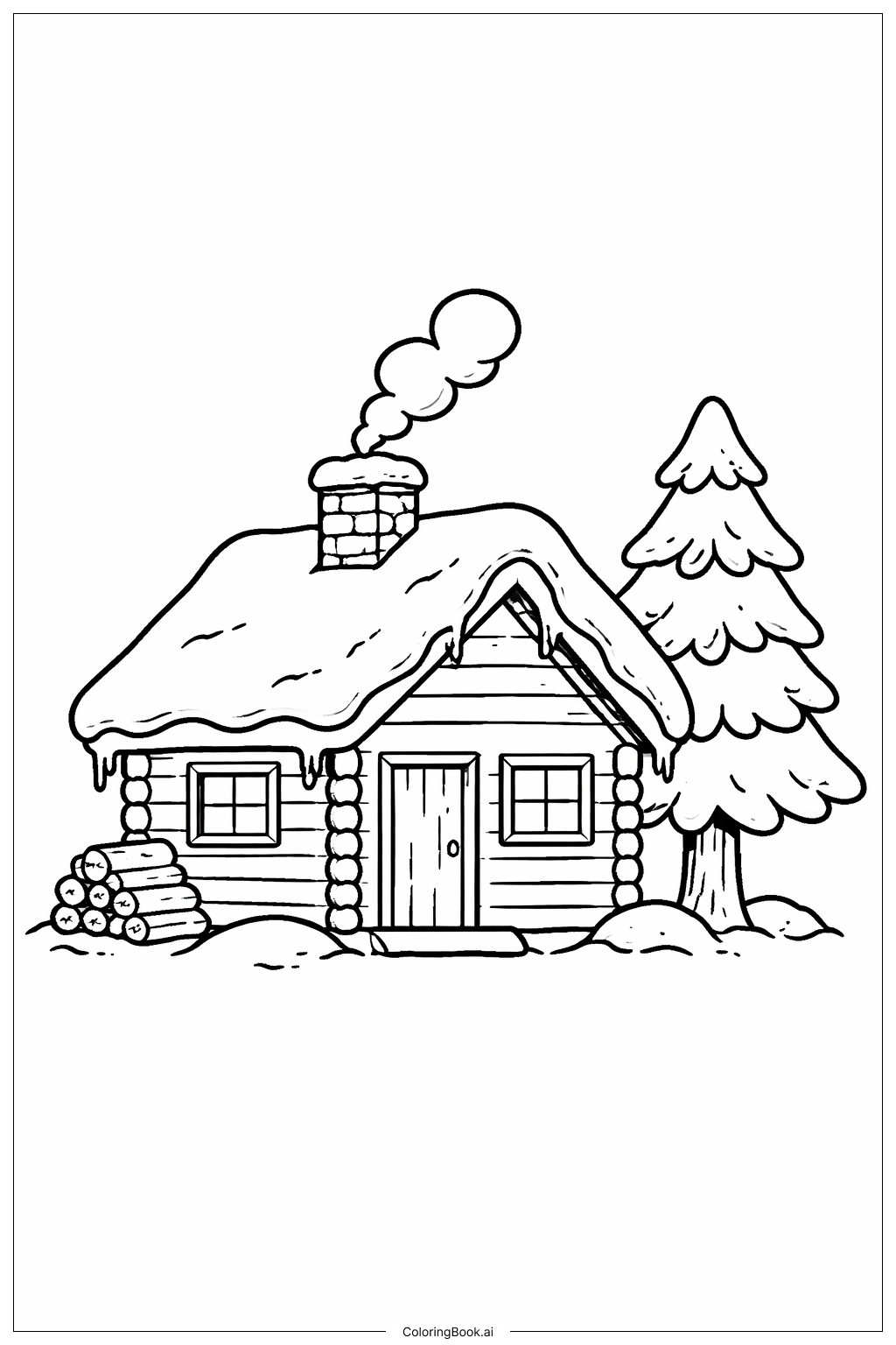  1月の冬のキャビンの塗り絵ページ 
