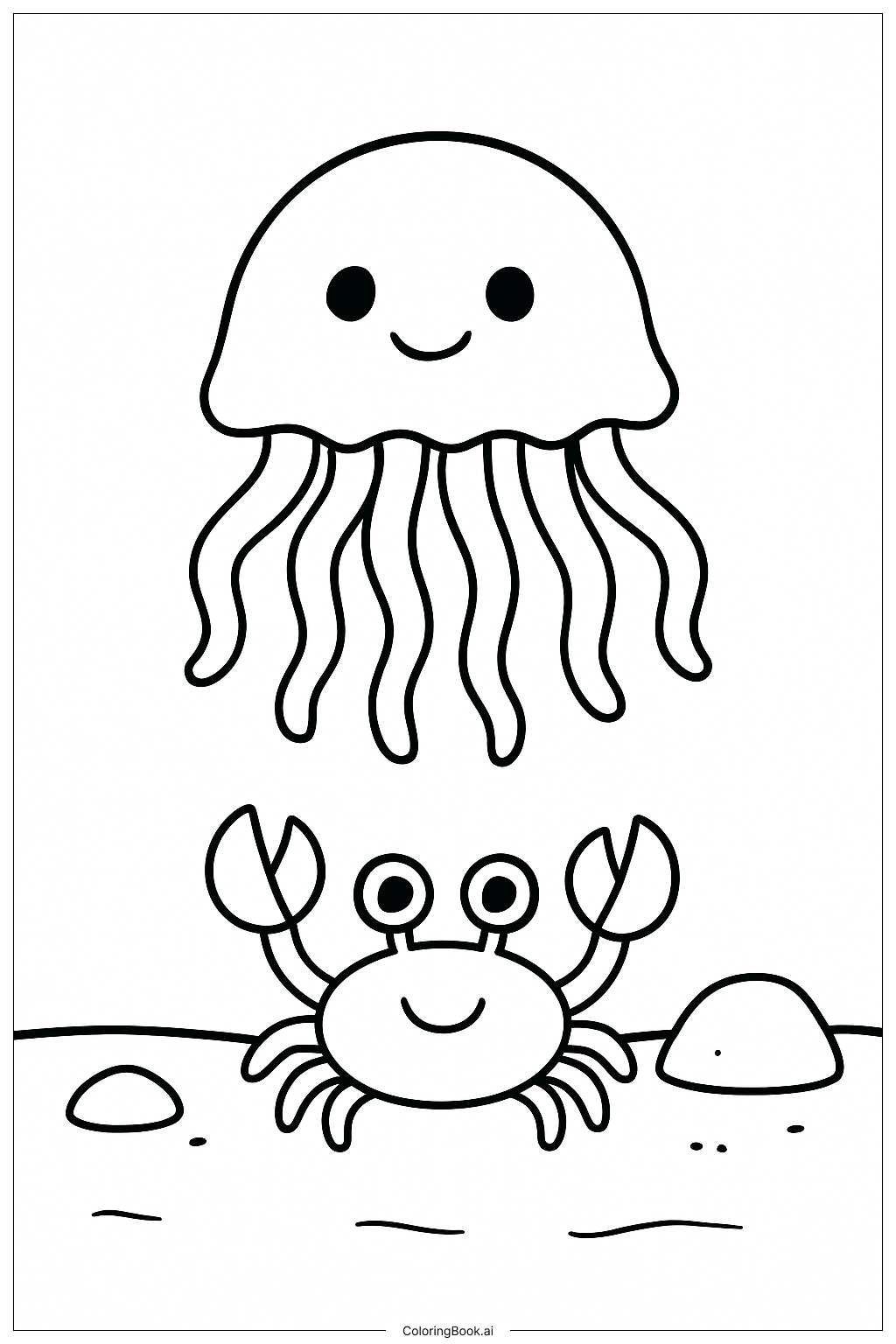  クラゲと好奇心旺盛なカニの塗り絵ページ 