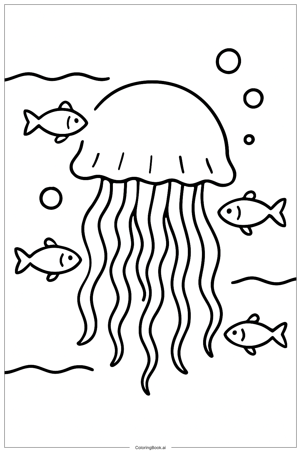  クラゲと魚の群れの塗り絵ページ 