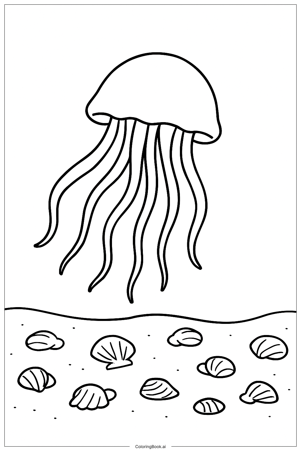  クラゲと貝殻の小道の塗り絵ページ 