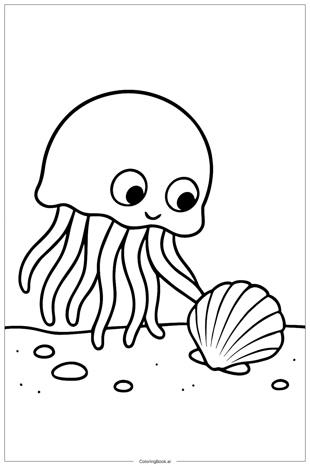  Page de coloriage Méduse jouant avec une coquille 